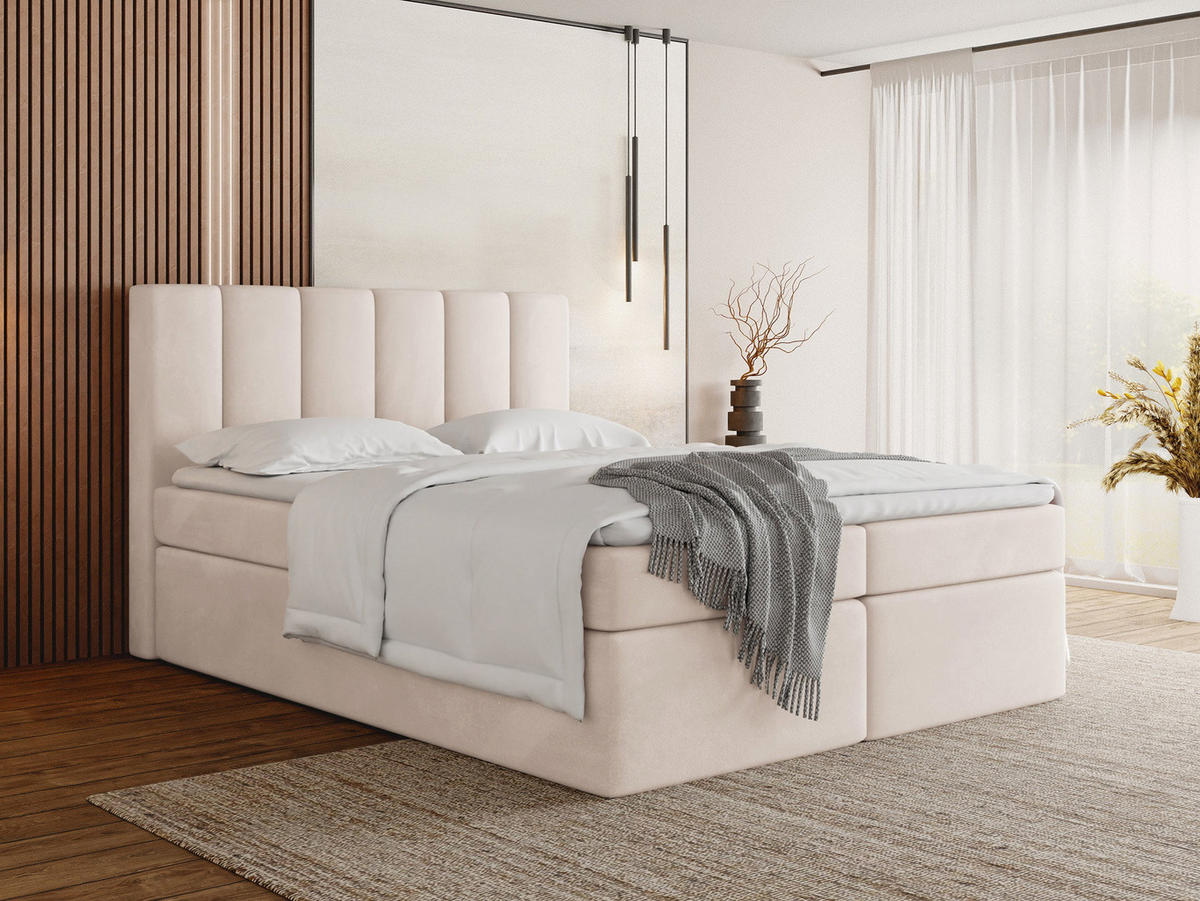 BOXBETT Amira mit Bettkasten, Samt Beige 180/200 cm – 7-Zonen Taschenfederkern-Matratze & Komfortschaum-Topper - Ecru/Beige, Holz/Holzwerkstoff (180/200cm) - WFL GROUP