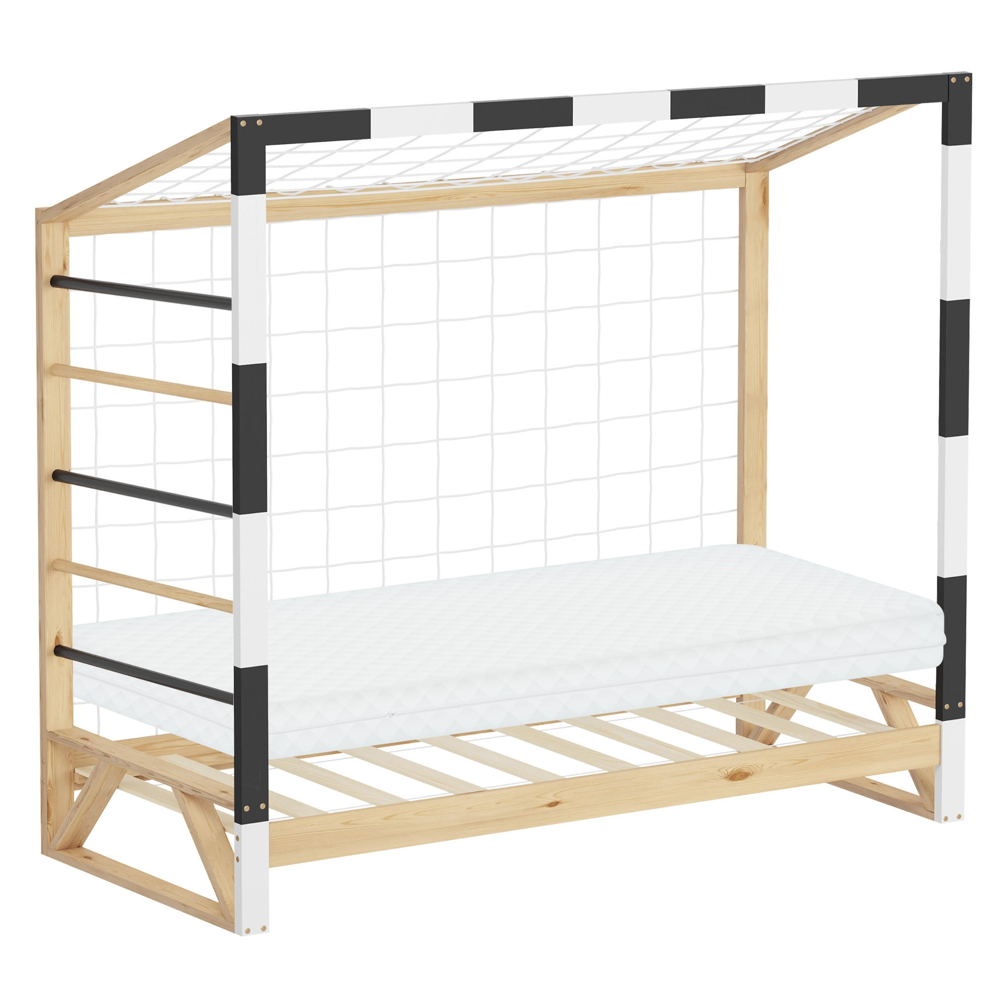 ML-DESIGN DĚTSKÁ POSTEL ve tvaru fotbalové branky s matrací 80 x 160 cm, černobílá, borovicové dřevo