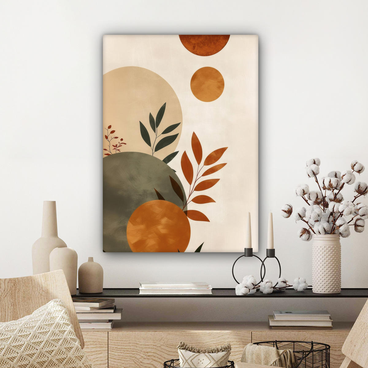 LEINWANDBILD Formen - Rund - Blätter - Beige Wandbild Wohnzimmer 60x80 cm - Rostfarben, Textil (60/80cm) - MuchoWow