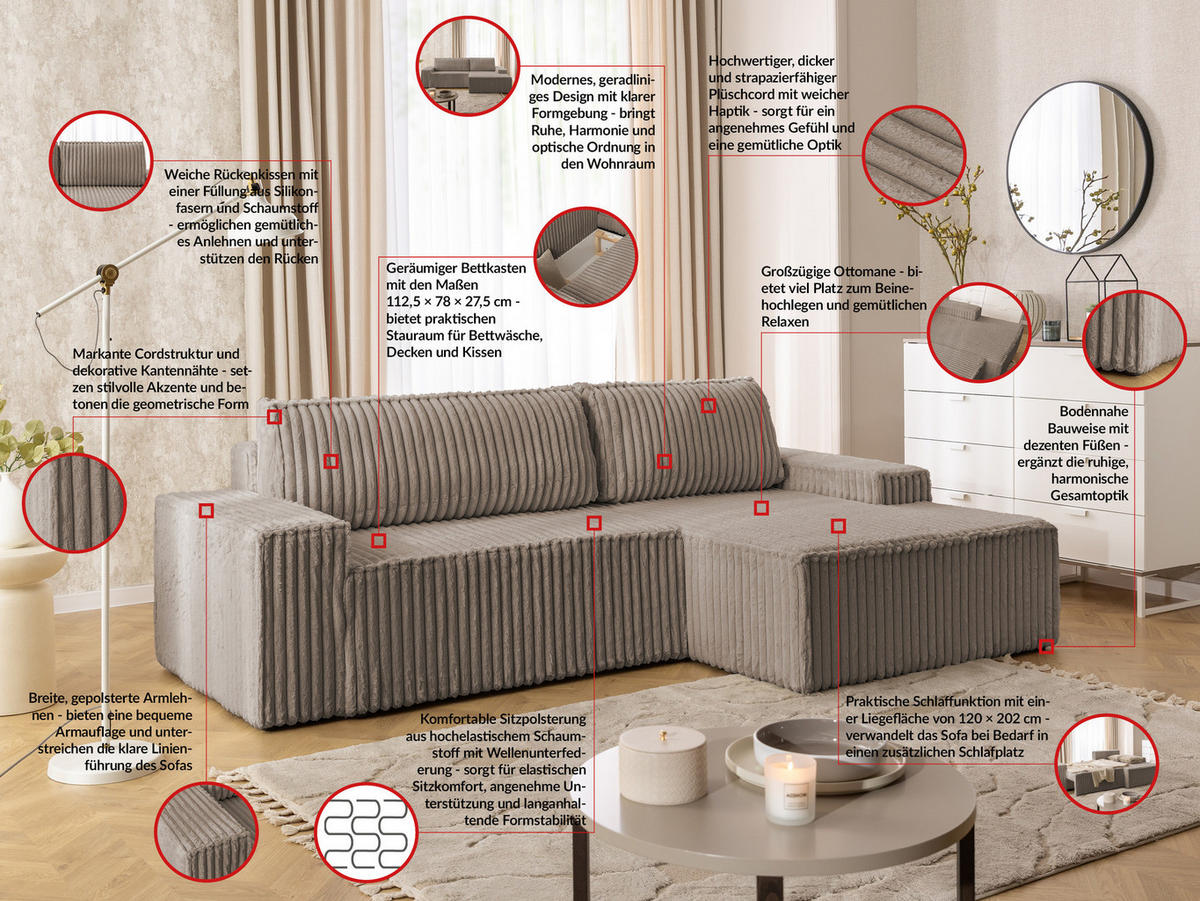 ECKSOFA Rivio mit Schlaffunktion und Bettkasten, Plüschcord Taupe - Taupe/Schwarz, Holz/Kunststoff (262/149cm) - S-Style