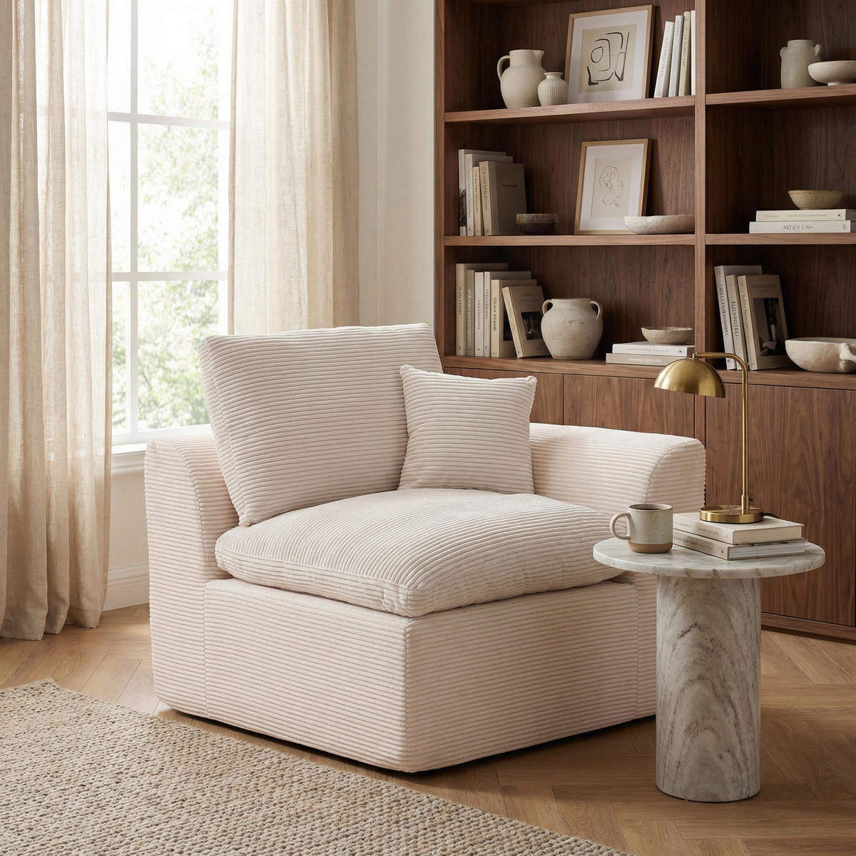 SESSEL Cord-Sofa mit Federkern-Polsterung und Kissen, Montagefrei - Beige, Textil (101/84/102cm) - Urban Meuble