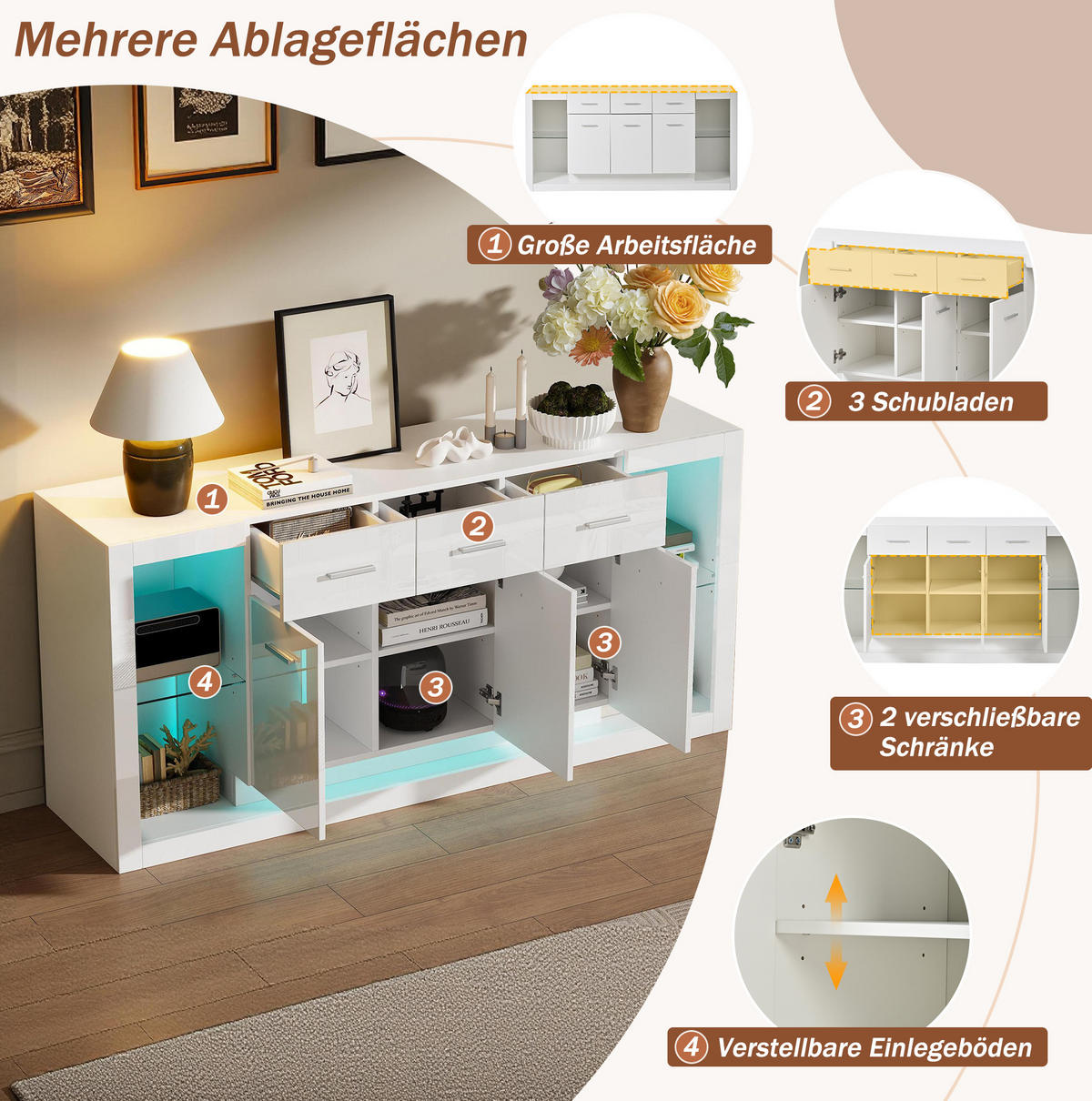 SIDEBOARD 160/40/75 cm Weiß aus Spanplatte mit LED und 3 Schubladen - Weiß, Holzwerkstoff (160/75/40cm) - OKWISH