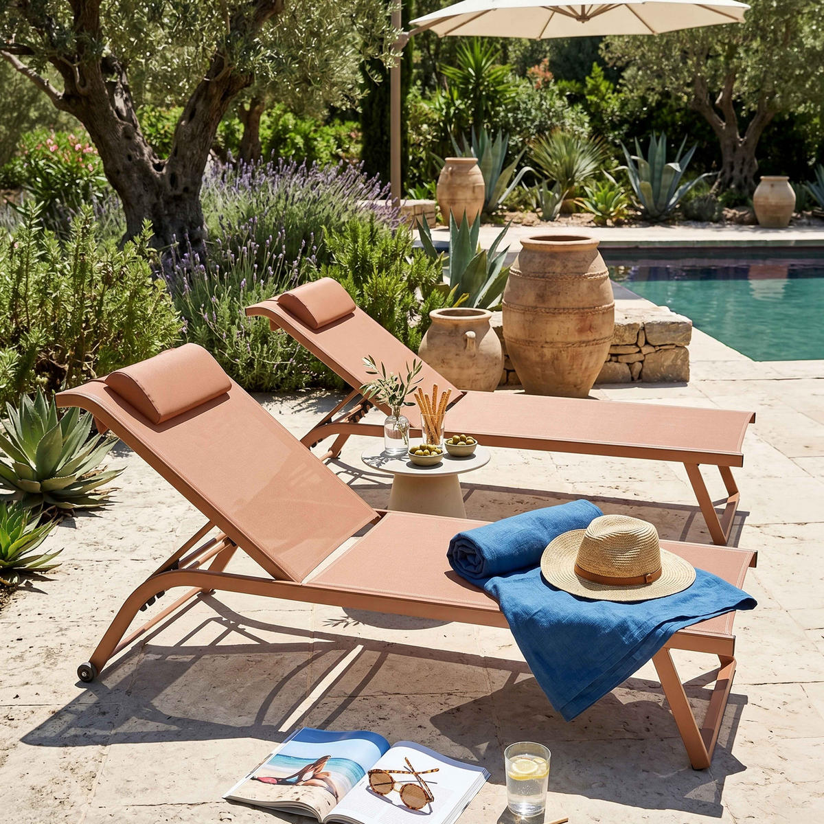 SONNENLIEGE 2-tlg., Terrakotta - Terracotta, Metall (182/69/70cm) - Oviala