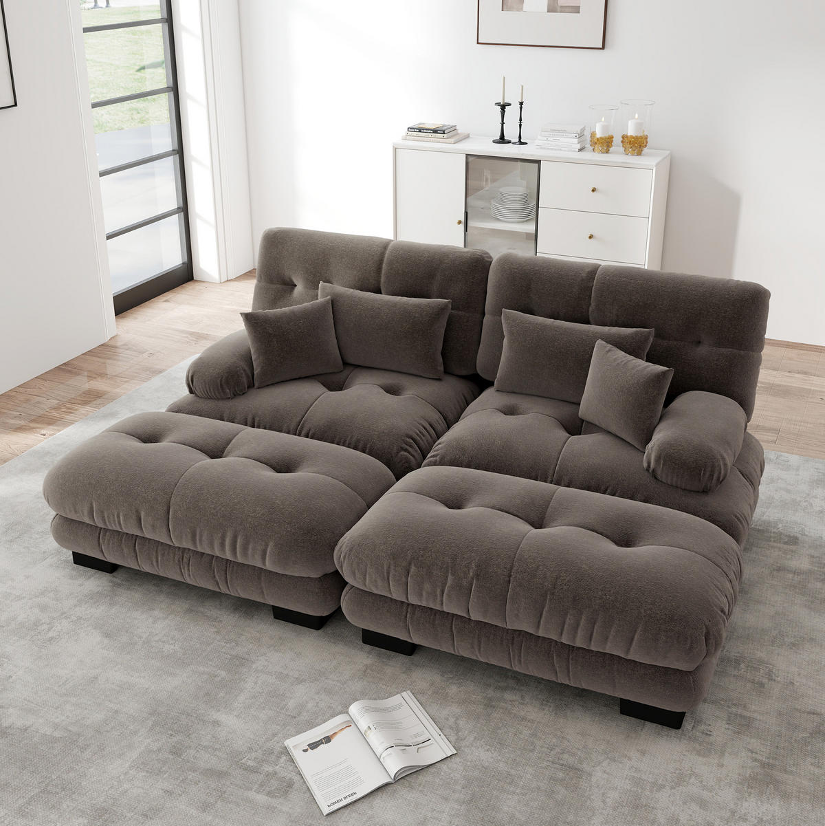 SOFA modular mit 2 Ottomans Chenille Brown - Dunkelgrau, Kunststoff (145/81/220.1cm) - Meubliv