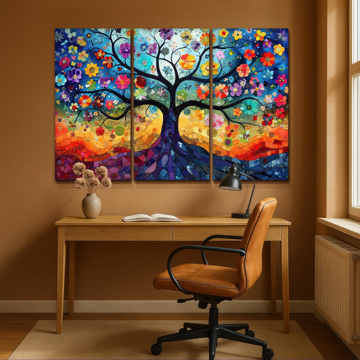 LEINWANDBILD 3er Set Bunt - Baum des Lebens - Blumen - Abstrakt 180x120 cm - Blau, Textil (180/120cm) - MuchoWow