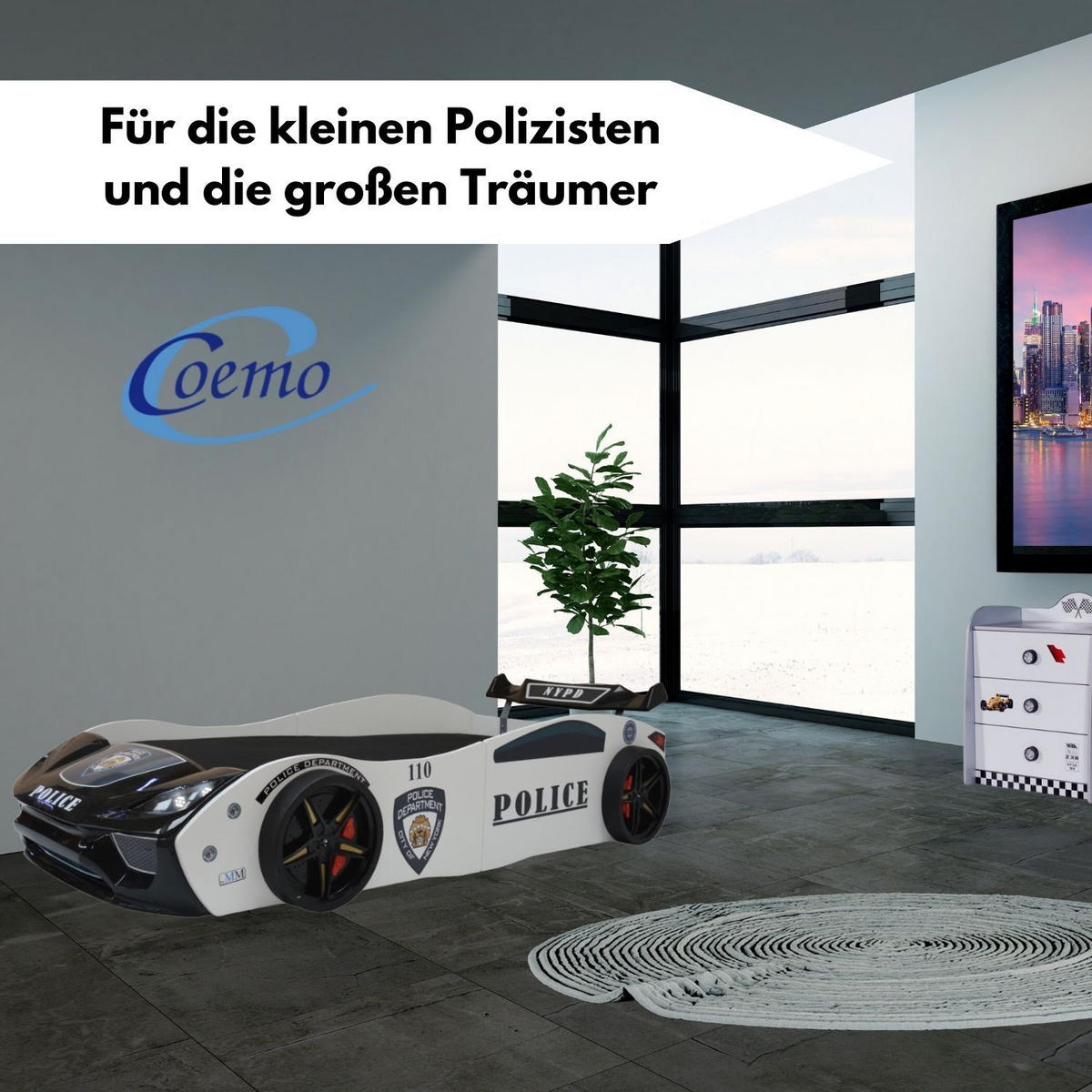 AUTOBETT POLICE Kinderbett mit Lattenrost 260/109/60 cm - Weiß, Holzwerkstoff (90/200cm) - Coemo