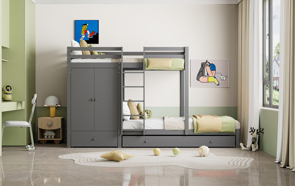 ETAGENBETT 90/200 cm in Grau mit Ausziehbett und Kleiderschrank - Grau, Holz (90/200cm) - OKMYHOME