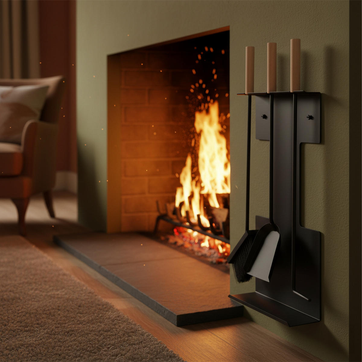 KAMINBESTECK - Schwarz, Holz/Metall (28/66/11cm) - Relaxdays