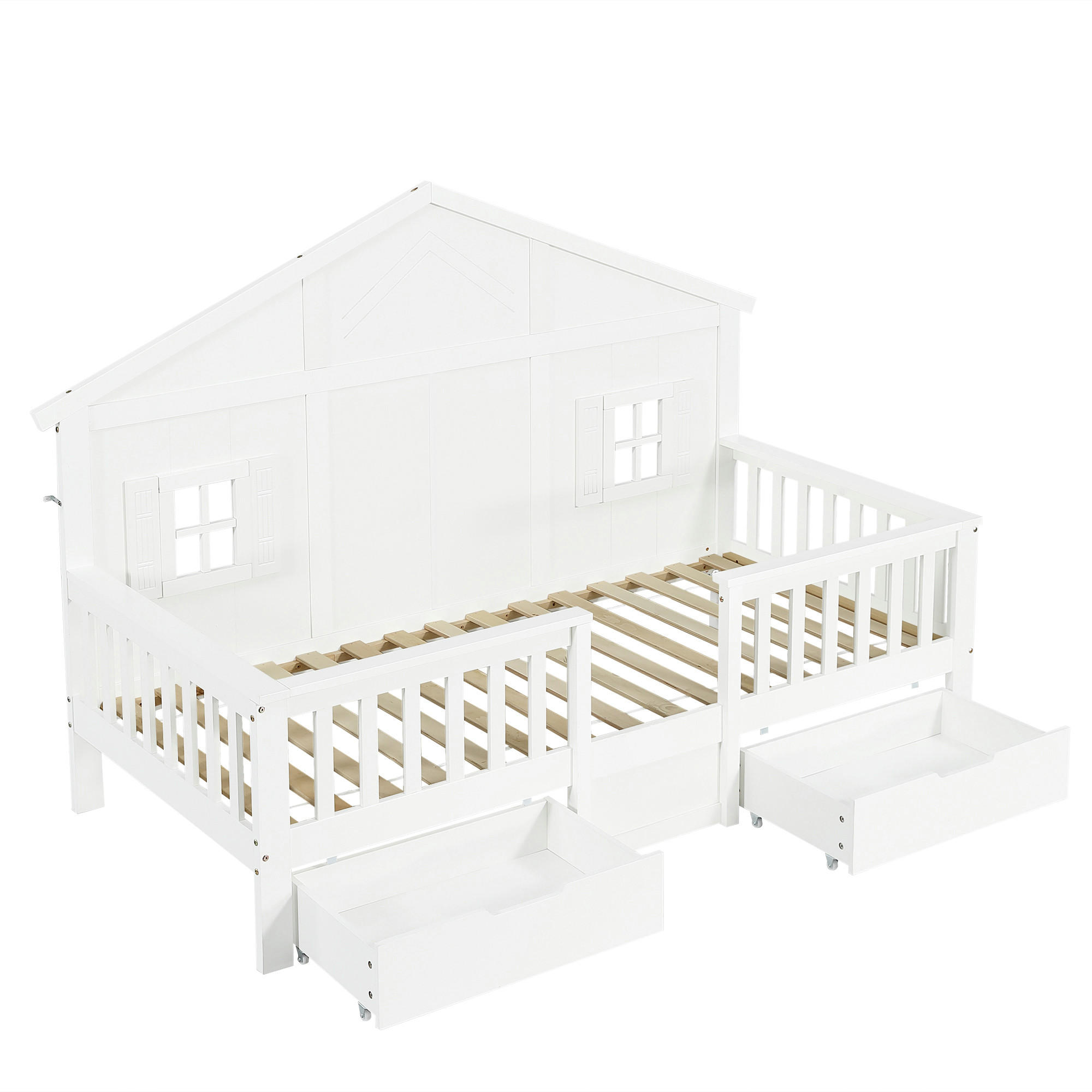 KINDERBETT 90/200 cm DE-02203, in Weiß, mit Fenster, Dach und 2 Schubladen - Weiß, Holzwerkstoff (90/200cm) - ComfortXL