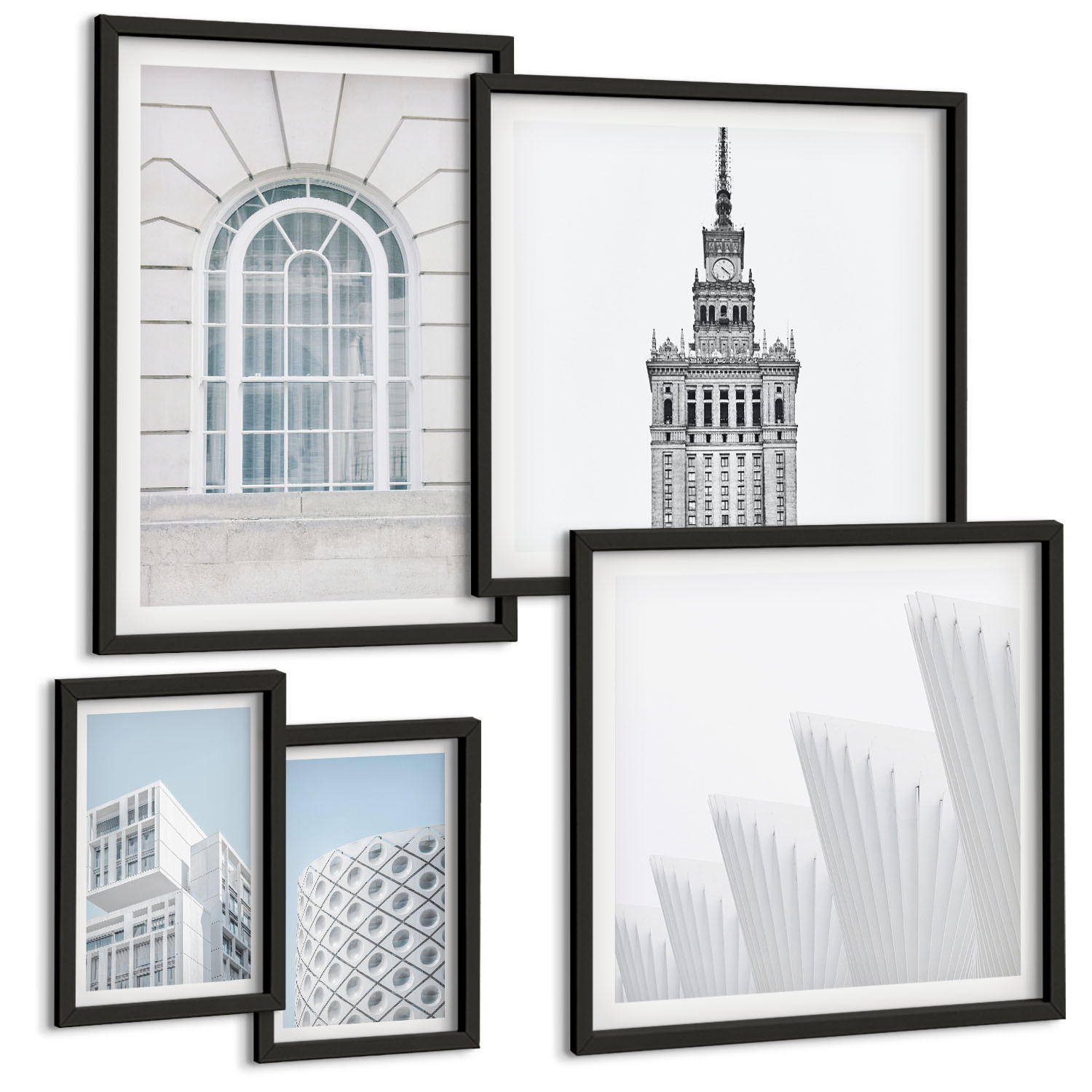 BILDER SET 5er Set - 50x50 cm & 20x30 cm & 40x60 cm Schwarzer Rahmen - Moderne Architekturgeometrie - Schwarz, Kunststoff (40/60cm) - TULUP