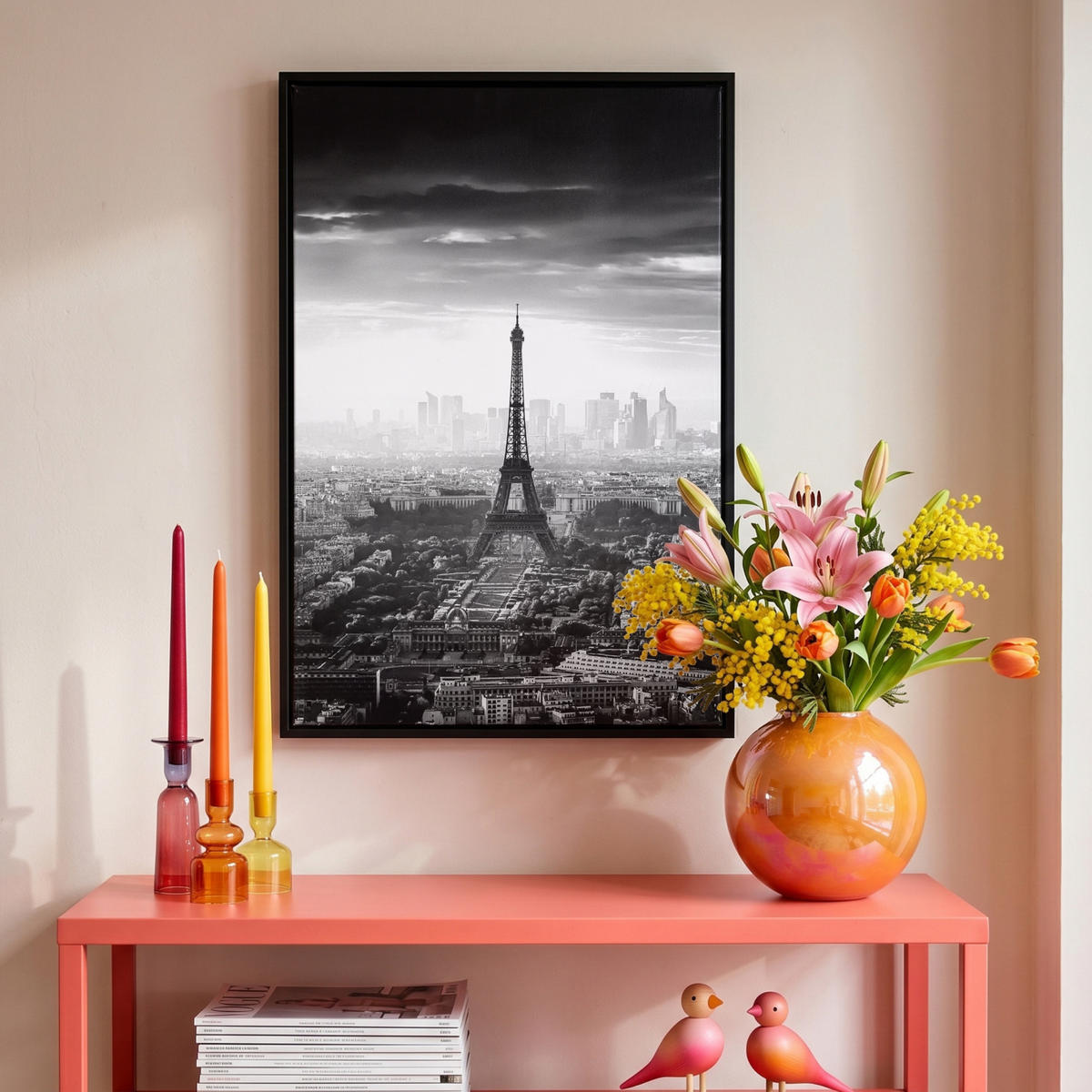 LEINWAND Bilder mit Rahmen - Paris - Skyline - Eiffelturm - Stadt - Wolken - 40x60 - Dunkelgrau, Textil (40/60cm) - MuchoWow