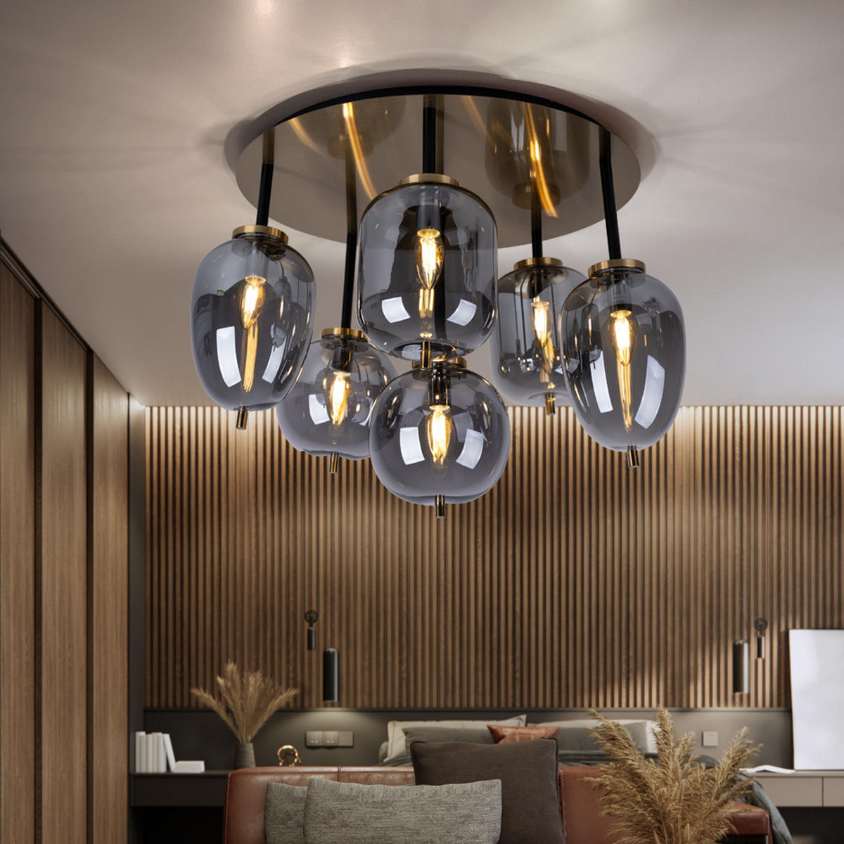 DECKENLEUCHTE Metall Glas Grau 6 Flammig - Grau, Glas (65/65/38cm) - Globo Lighting