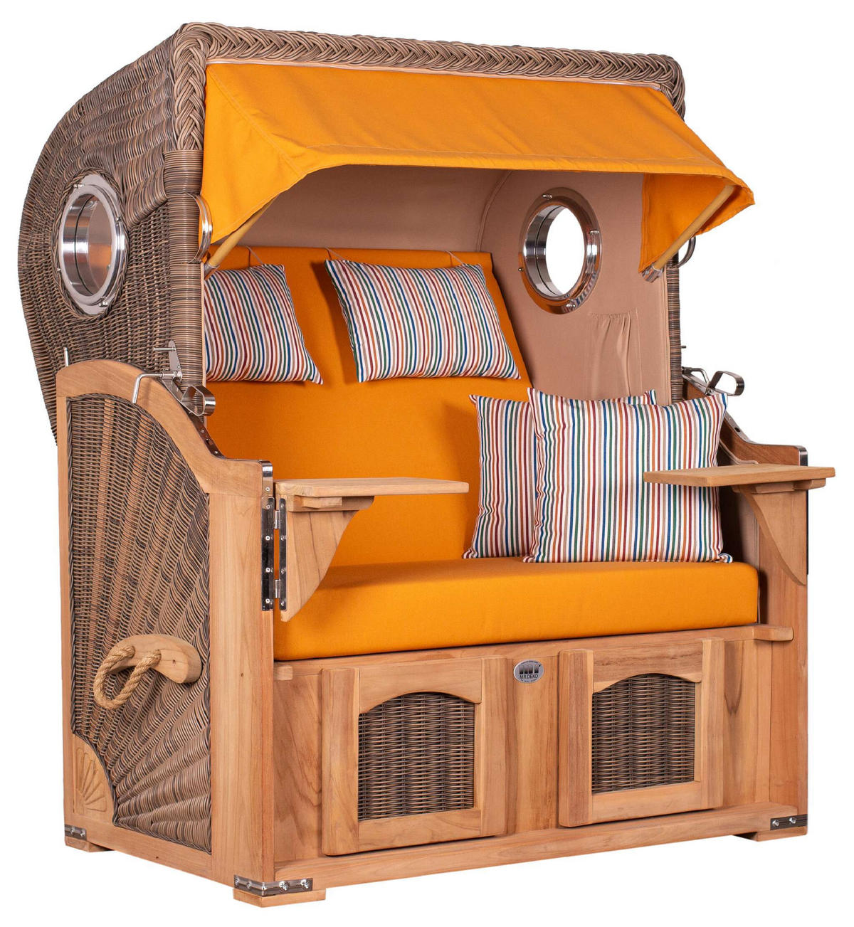 STRANDKORB Düne 2 Sitzer Teak PE Grey - Gelb/Braun, Holz/Metall (125/170/80cm) - Mr. Deko