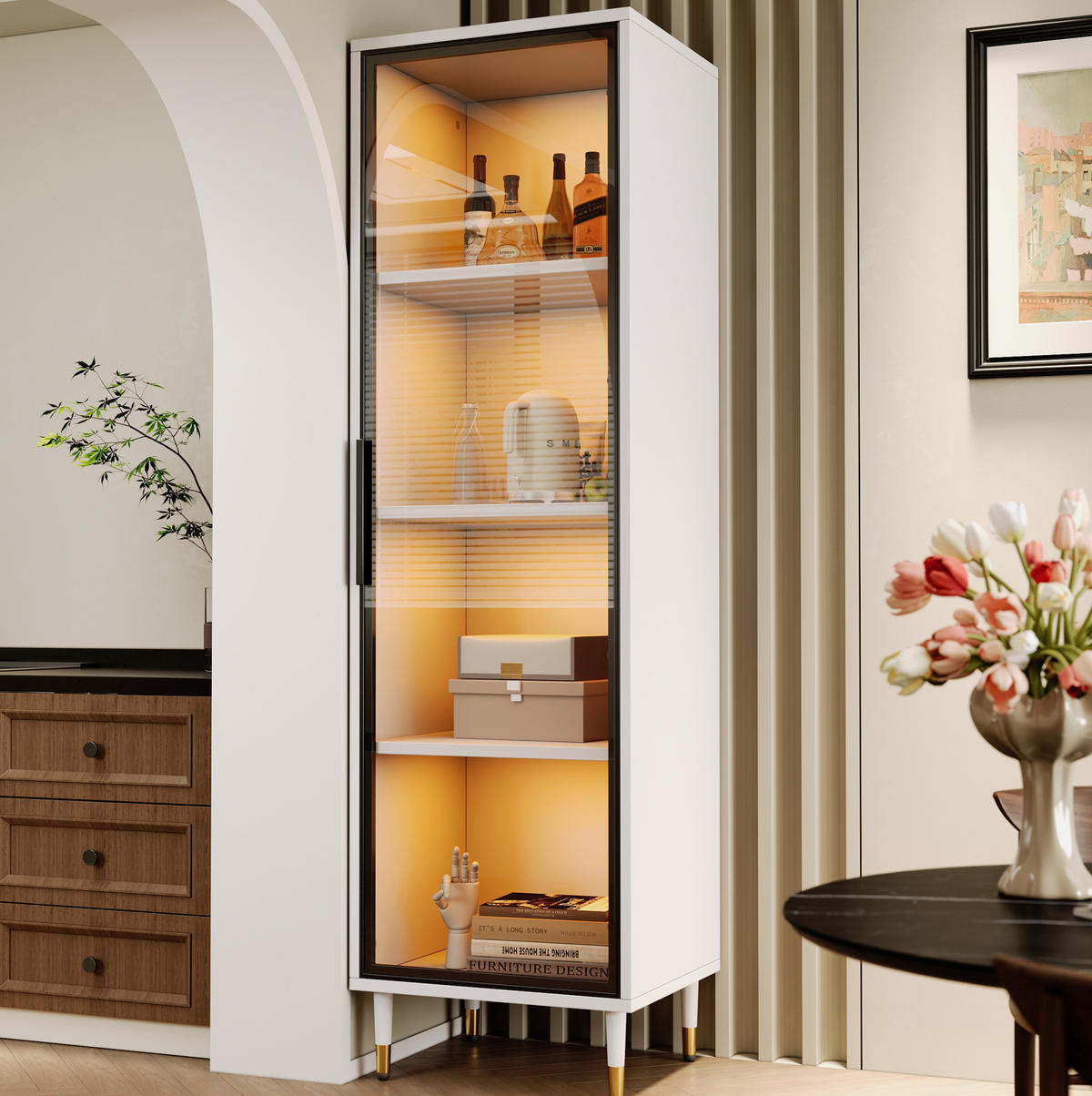 HIGHBOARD mit LED-Beleuchtung 40/40/170 cm in Weiß mit getönter Glastür - Weiß, Holzwerkstoff (40/170/40cm) - BEAOK