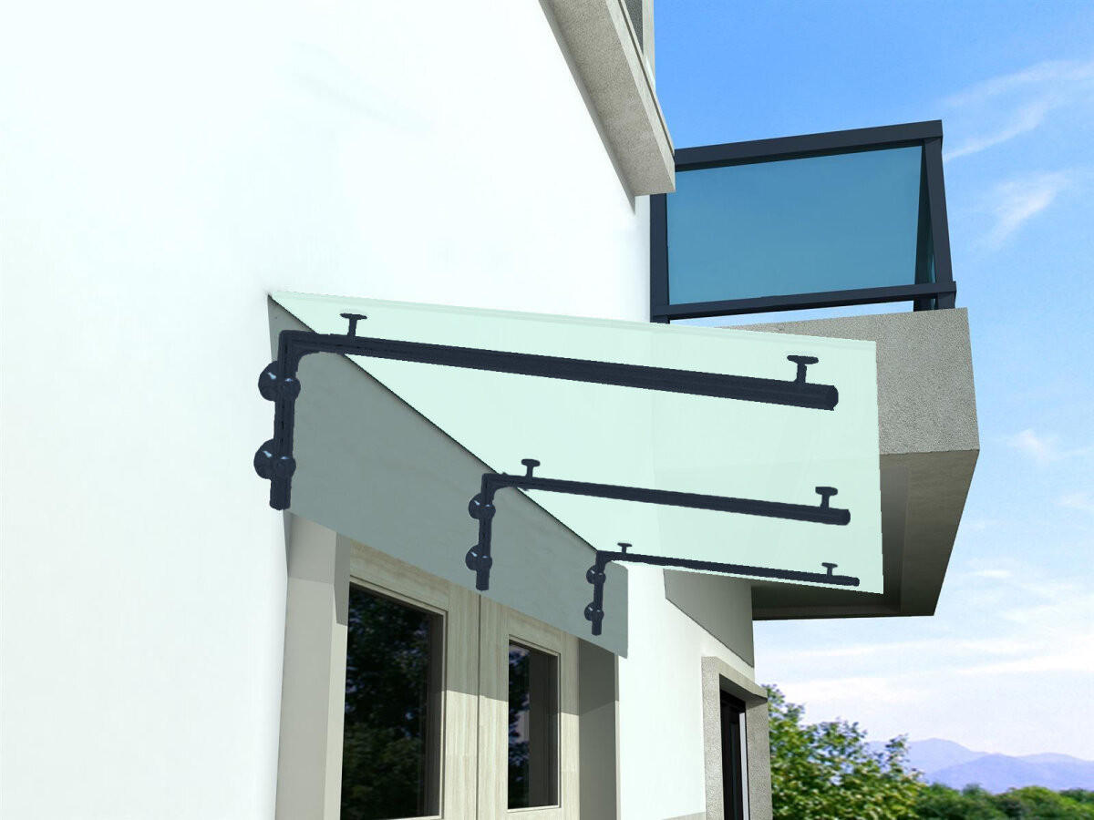 GLASVORDACH 230x90 cm Sicherheitsglas Edelstahl Satiniert L-RAL7016 - Weiß, Glas (230/1.31/90cm) -  Glaswerk Westfalen