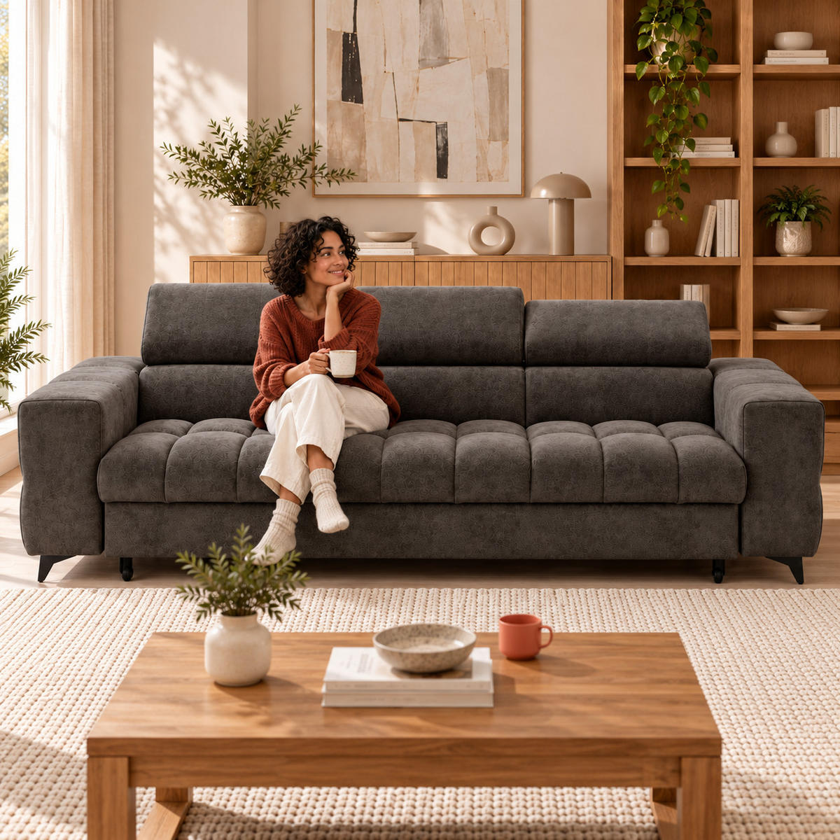 3-SITZER Sofa PUDDING mit Schlaffunktion 127x190 Velours Braun - Schwarz/Braun, Holz/Textil (260/90/100cm) - Muffo