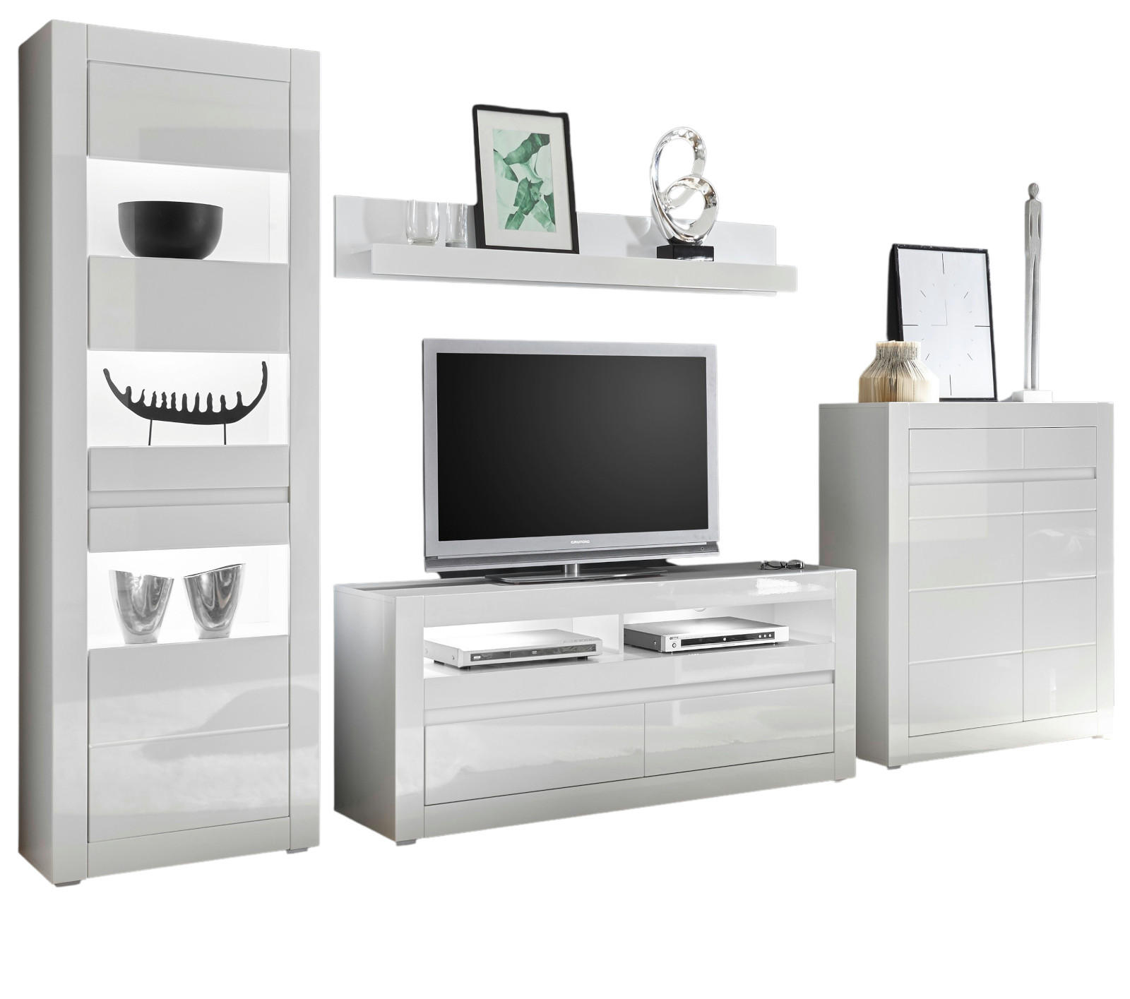 WOHNWAND weiß Hochglanz, Stone Design grau 4-teilig, Schrankwand mit Soft-Close - Weiß Hochglanz/Weiß, Glas/Holzwerkstoff (336/198/42cm) - Furn.Design
