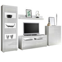 WOHNWAND weiß Hochglanz, Stone Design grau 4-teilig, Schrankwand mit Soft-Close - Weiß Hochglanz/Weiß, Glas/Holzwerkstoff (336/198/42cm) - Furn.Design