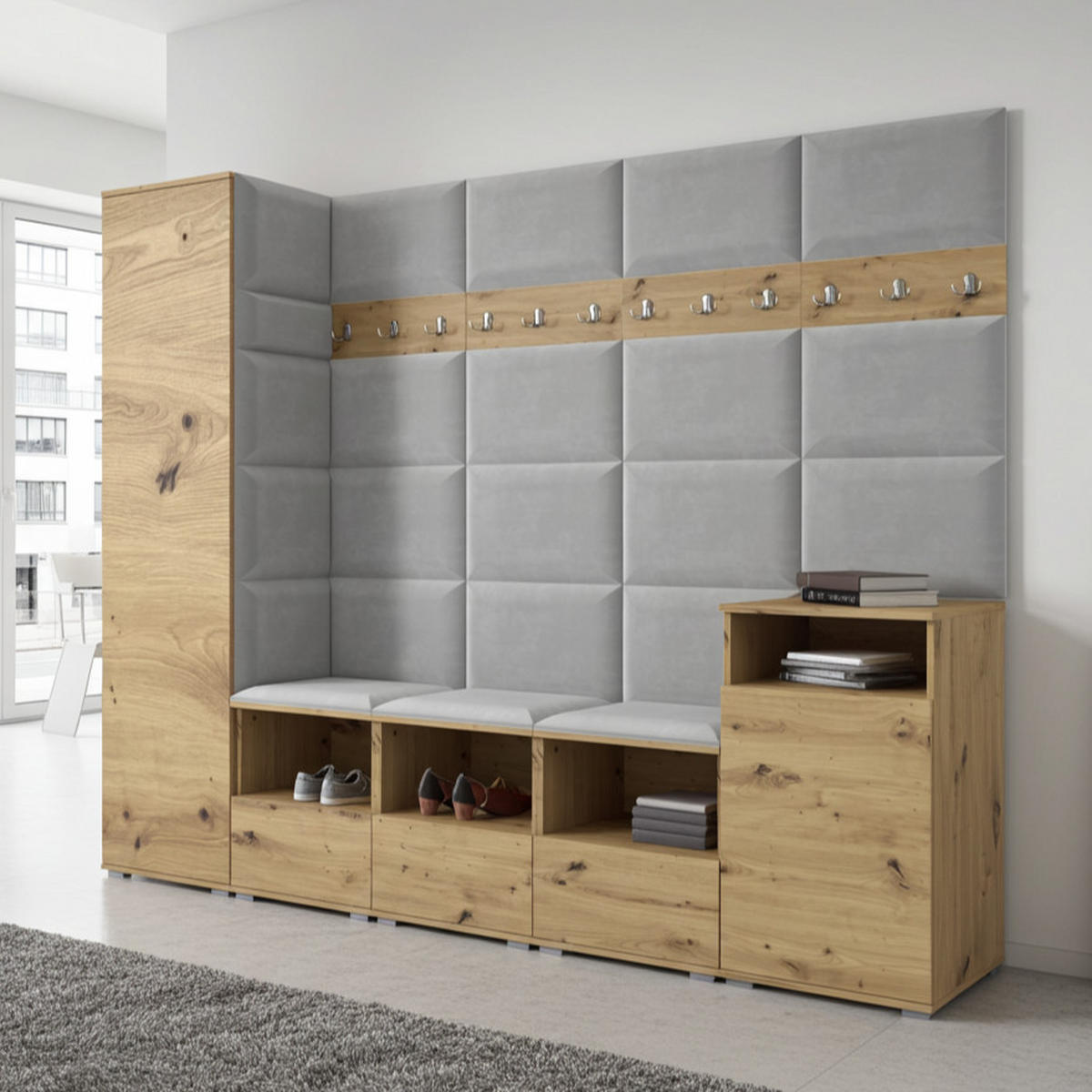 GARDEROBE NELA XI 250 cm (Modulare Flurmöbel Artisan Eiche mit Sitzpolster Hellgrau 32 Großes Set) - Silberfarben/Hellgrau, Holz/Holzwerkstoff (250/187/40cm) - Ravio
