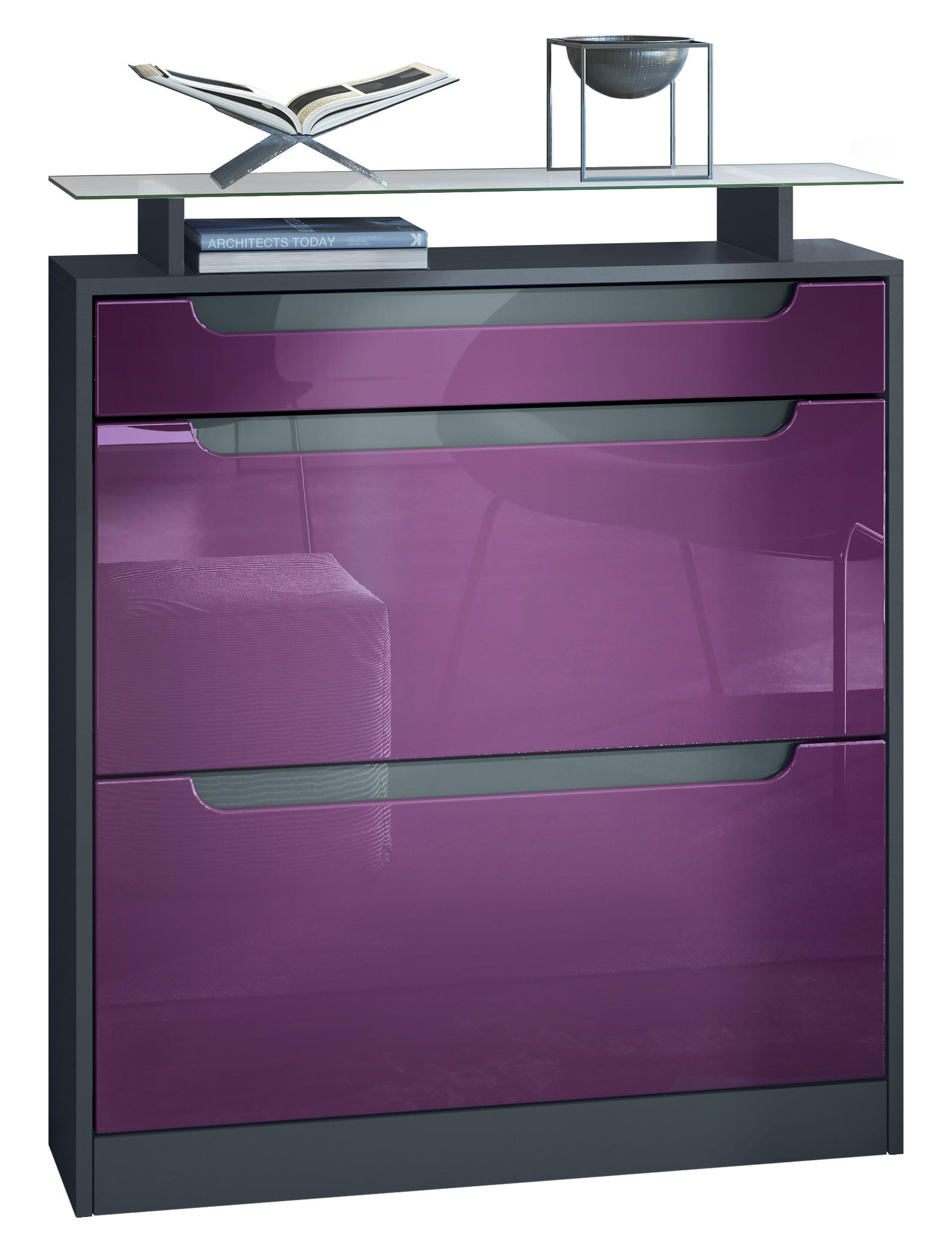 SCHUHSCHRANK Fiesta Fronten in Brombeer Hochglanz, Griffmulden in Grau Hochglanz - Brombeere, Holzwerkstoff (89/104/23cm) - Vladon
