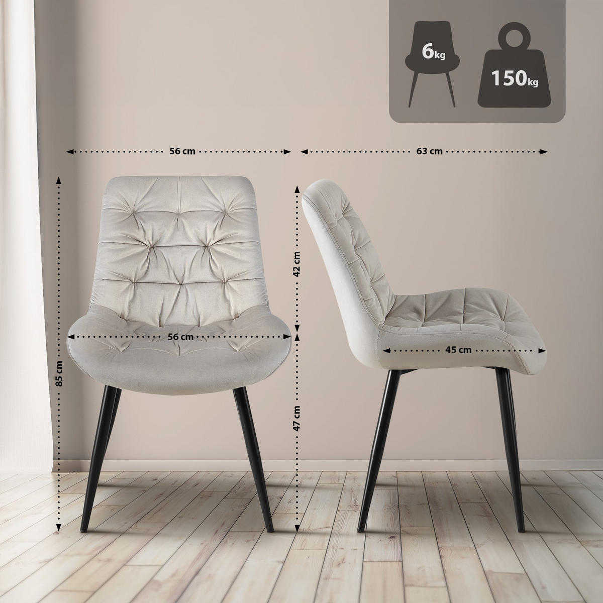 ESSZIMMERSTUHL Samt Grau - Schwarz/Grau, Textil/Metall (56/85/63cm) - CLP
