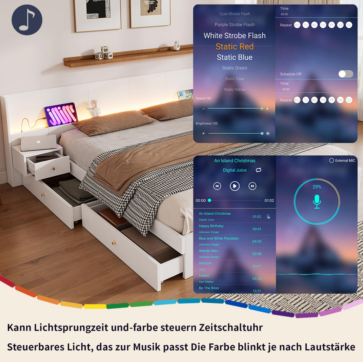 KINDERBETT aus MDF 180x200 cm Weiß mit USB, Steckdose, LED-App-Steuerung und Stauraum - Weiß, Holzwerkstoff (180/200cm) - Modfu
