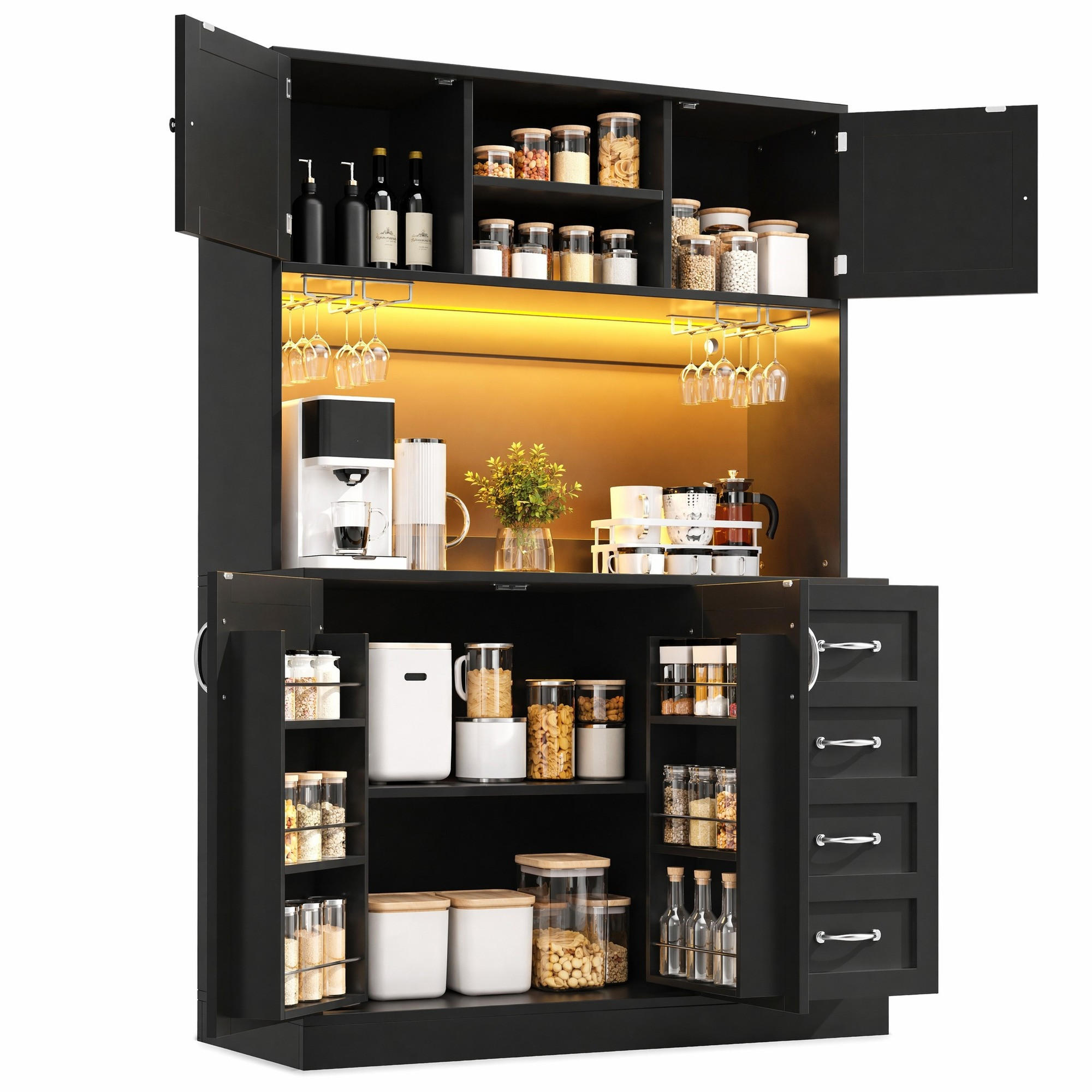 KÜCHENSCHRANK in Schwarz mit LED-Beleuchtung und Schubladen für Küche und Wohnzimmer, B120/T40/H188 cm - Schwarz, Holzwerkstoff/Metall (120/188/40cm) - STILVORA