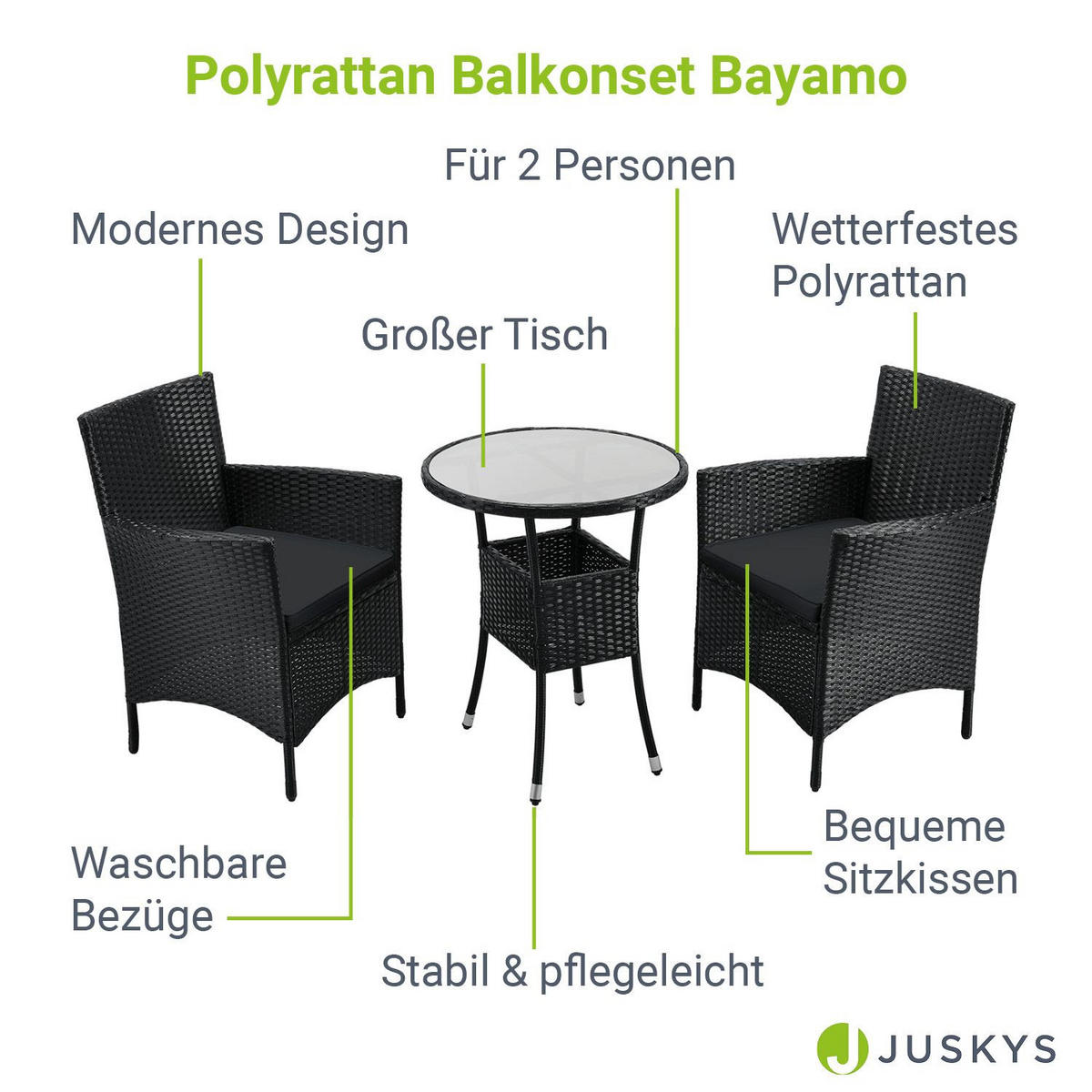 BALKON-SET Bayamo Polyrattan schwarz/dunkelgrau (3-tlg.) - Schwarz, Kunststoff - Juskys