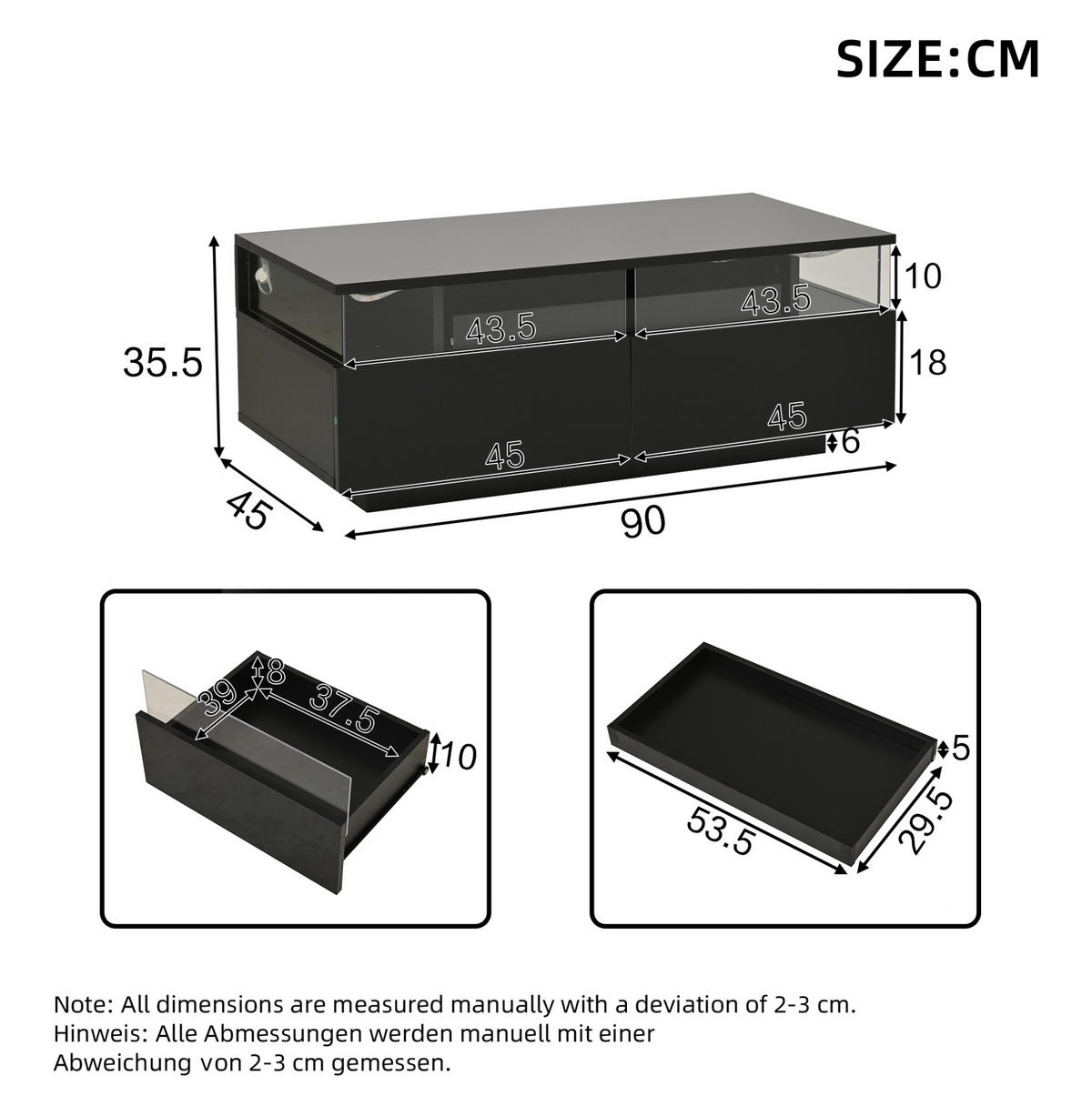 COUCHTISCH aus Holzwerkstoff und Glas 90x45x35,5 cm in Schwarz mit LED - Schwarz, Holzwerkstoff (90/45/35.5cm) - Modfu