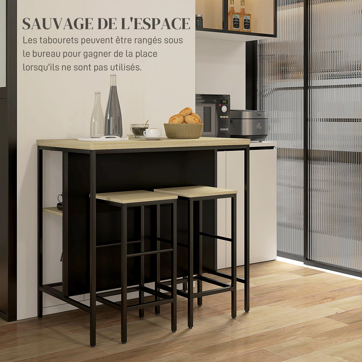 BARTISCH-SET DE-14743 mit Ablage & Fußstütze Schwarz/Holzoptik - Naturfarben, Holzwerkstoff (100/60/95cm) - ComfortXL