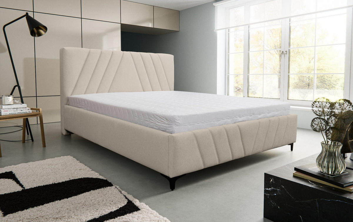 POLSTERBETT Capri mit Kopfteil, 140 x 200 cm, mit Bettkasten und Lattenrost aus Metall, Velourstoff, Frabe: Beige - Beige, Holz/Kunststoff (140/200cm) - VENASI MÖBEL