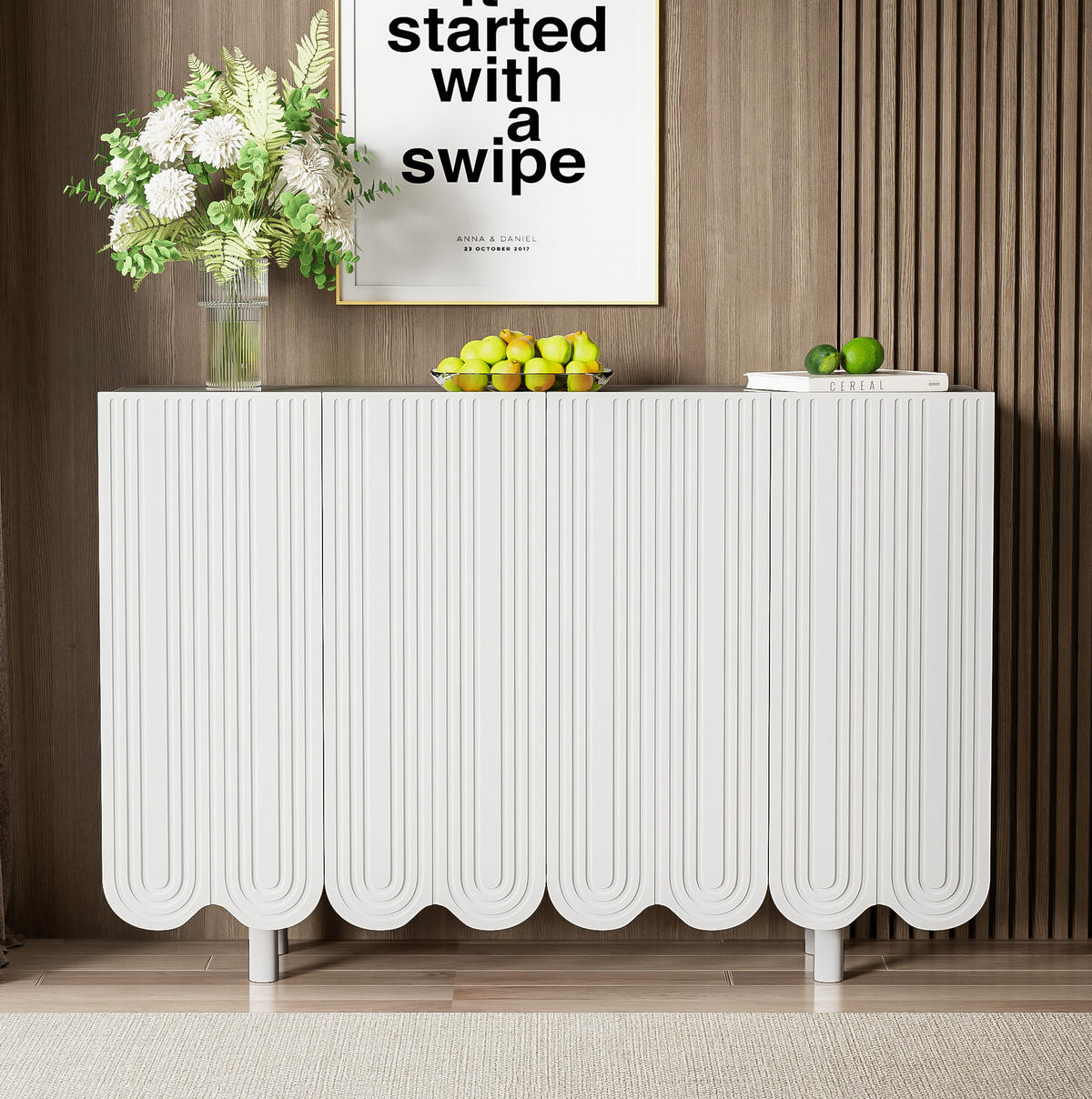 SIDEBOARD 120/37,5/80,8 cm mit 4 Türen in Weiß mit geschnitzter Front - Weiß, Holzwerkstoff (120/80.8/37.5cm) - BEAOK