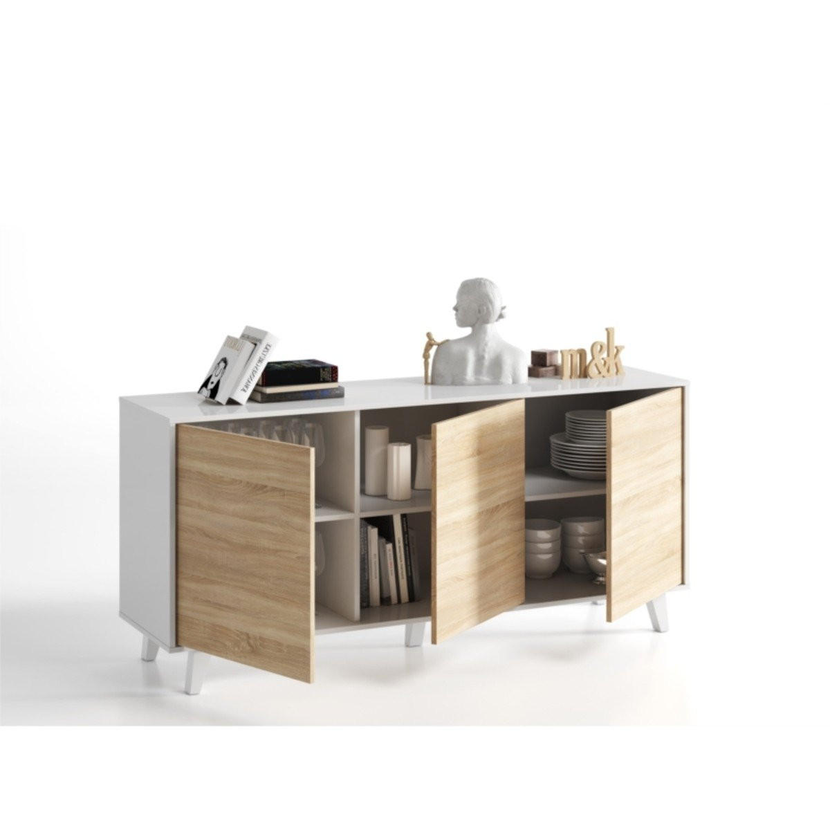 SIDEBOARD mit 3 Türen - L154 cm - Zaiken Plus - Weiß, Holzwerkstoff (41/75/154cm) - Calicosy