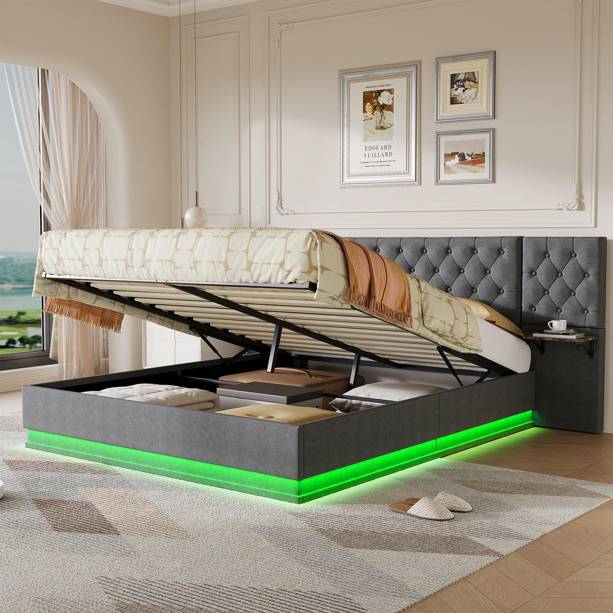 POLSTERBETT 160x200 cm Grau mit RGB-LED, Stauraum, USB-C & kabellosem Laden, Leinenbezug - Grau, Holz (160/200cm)