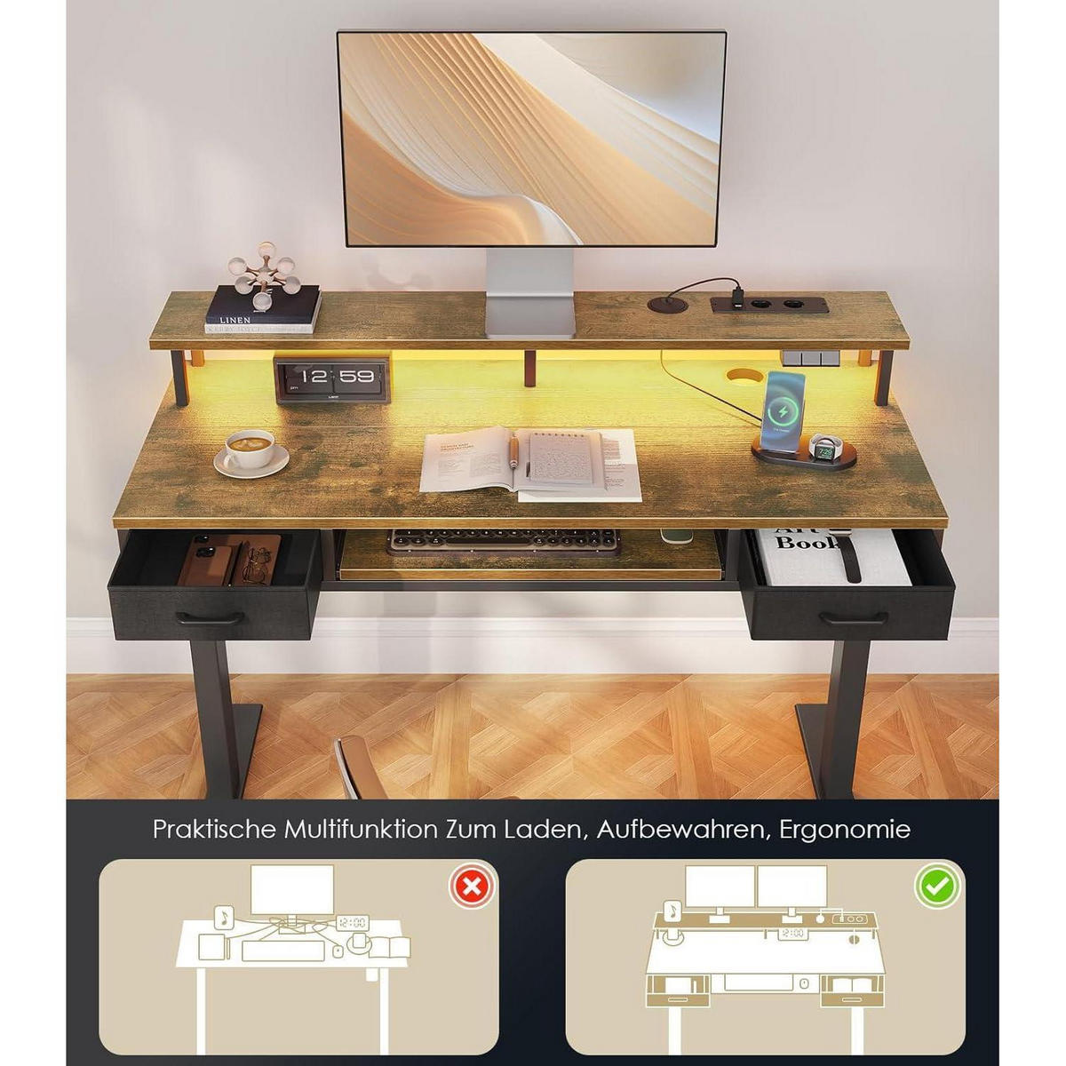 SCHREIBTISCH Höhenverstellbar Elektrisch 120 cm Braun mit Schubladen und LED-Lichtleiste - Braun, Holzwerkstoff (54/120/78.5cm)