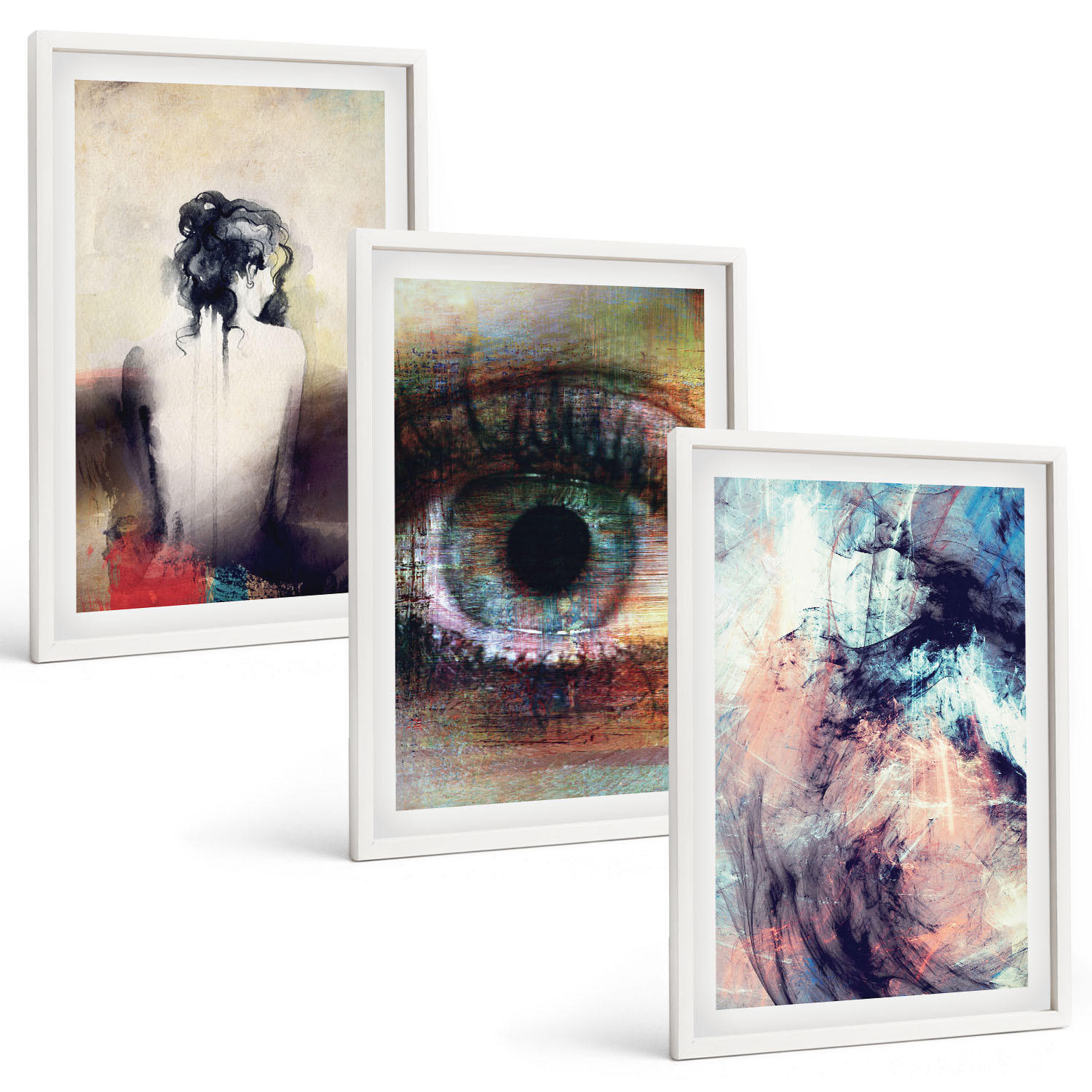 BILDER SET 3er Set - 40x60 cm Weißer Rahmen - Porträt einer Frau mit abstrakten Emotionen - Weiß, Kunststoff (40/60cm) - TULUP