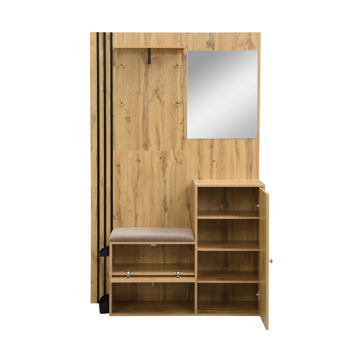 KOMPAKTGARDEROBE in Natur-Optik – mit Spiegel & Schirmständer - Naturfarben, Holzwerkstoff (115/185/37cm) - Urban Meuble