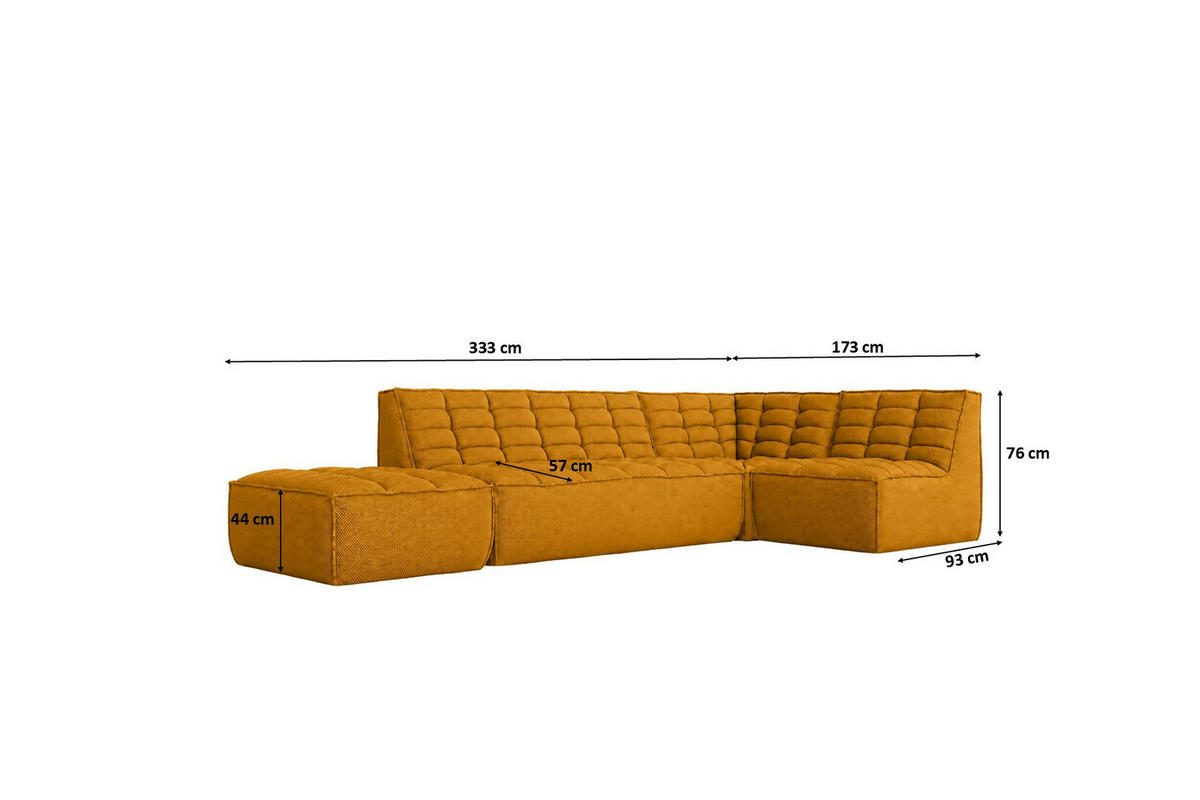 ROHOVÁ SEDAČKA modulární ve tvaru L s taburetem, plyšová tkanina Pop, Hořčicová, Pravá strana, LAZY L s taburetem - žlutá, dřevo (333/173cm) - Kaiser Möbel