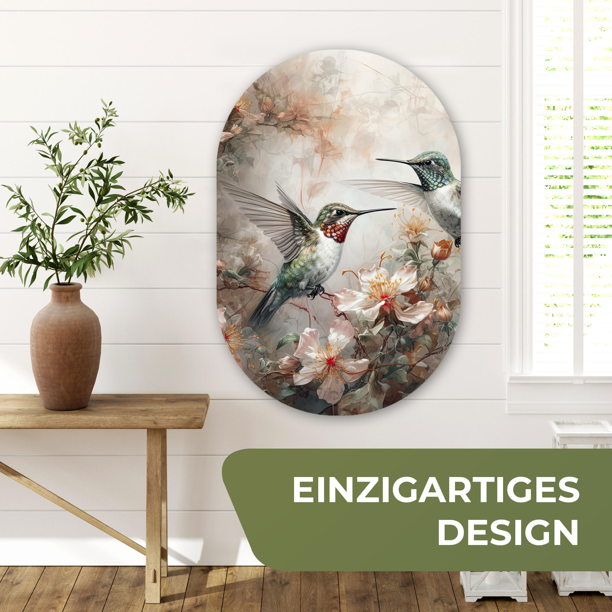 WANDBILD Kolibri - Vögel - Blumen - Pflanzen 60x90 cm - Hellgrün, Kunststoff (60/90cm) - MuchoWow