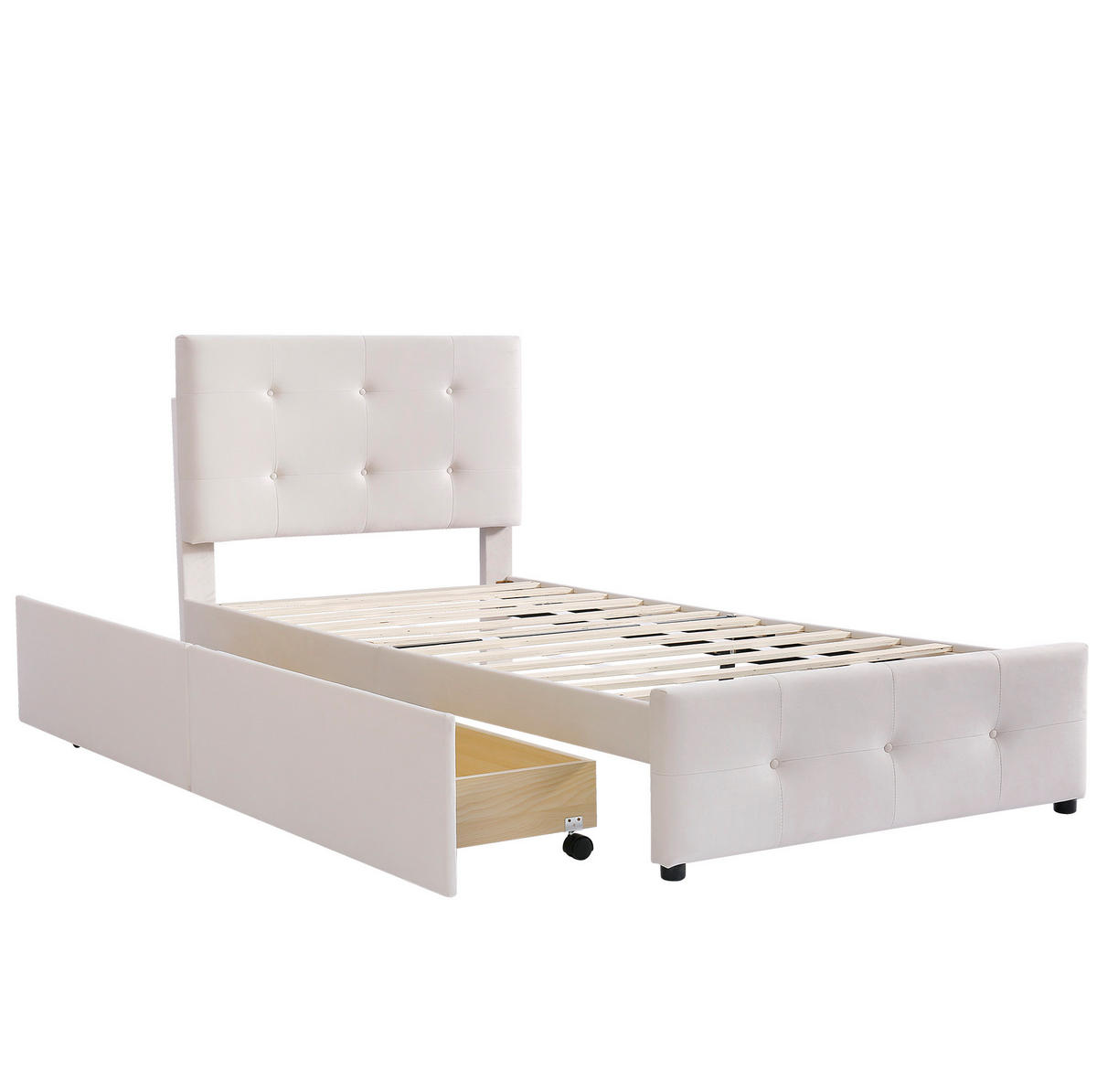 SAMT-POLSTERBETT 90/200 cm mit Schublade und gepolstertem Kopfteil in Beige - Beige, Textil (90/200cm) - BEAOK