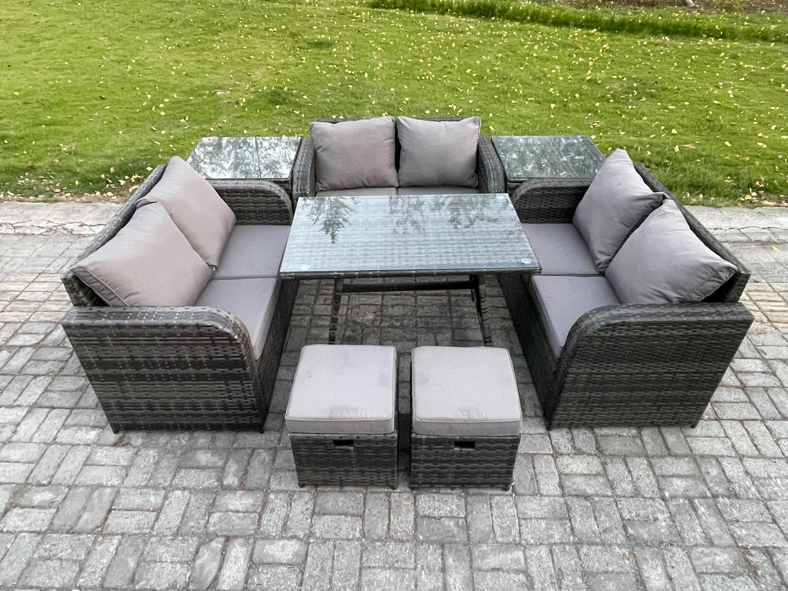 GARTENMÖBELSET mit ESSTISCH,SOFA Polyrattan 8-Sitzer - Dunkelgrau/Grau, Glas/Kunststoff - Fimous