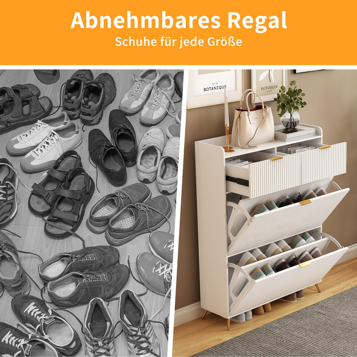 SCHUHSCHRANK 80x24x110 cm Schubladen Trennwände Metallbeine weiß - Weiß, Holz (80/110/24cm) - LEBENLANG