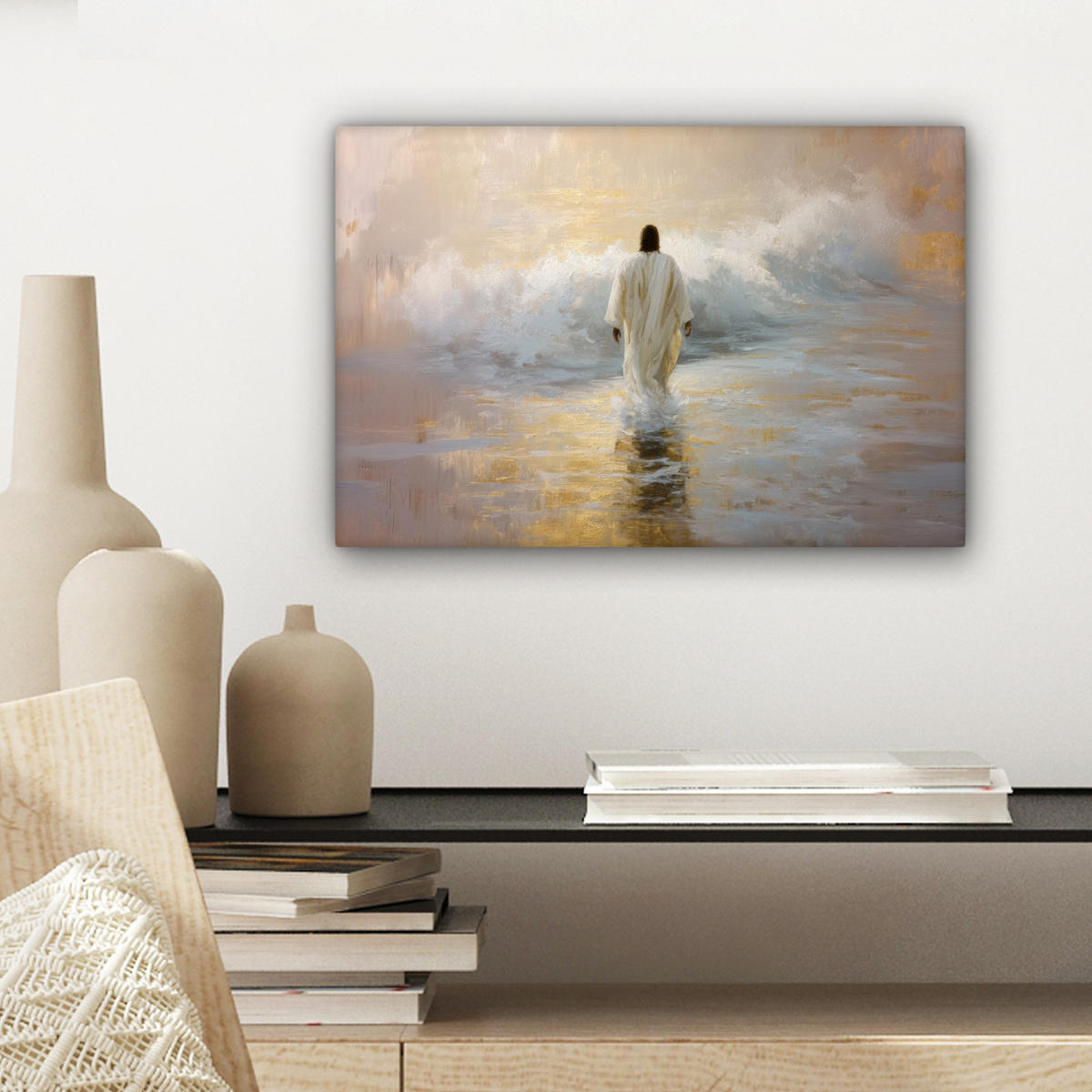 LEINWANDBILD Gemälde - Welle - Jesus - Abstrakt Deko Schlafzimmer 30x20 cm - Goldfarben, Textil (30/20cm) - MuchoWow