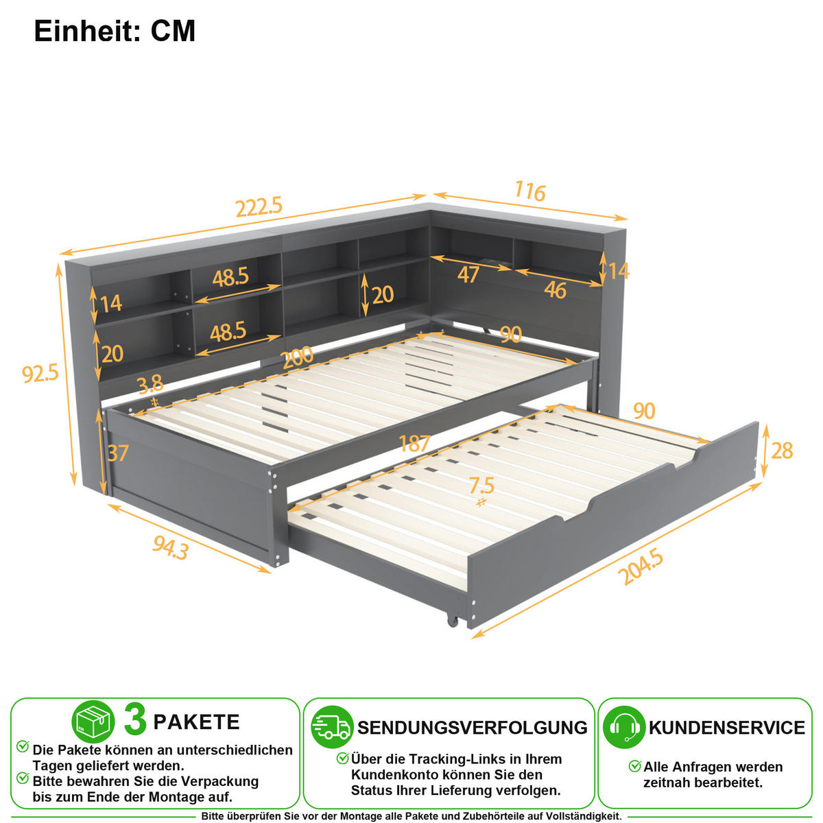 SCHLAFSOFA 90/200 cm & 90/190 cm in Grau mit USB und Ablagefächern - Grau, Holz/Holzwerkstoff (90/200cm) - CHICFURN