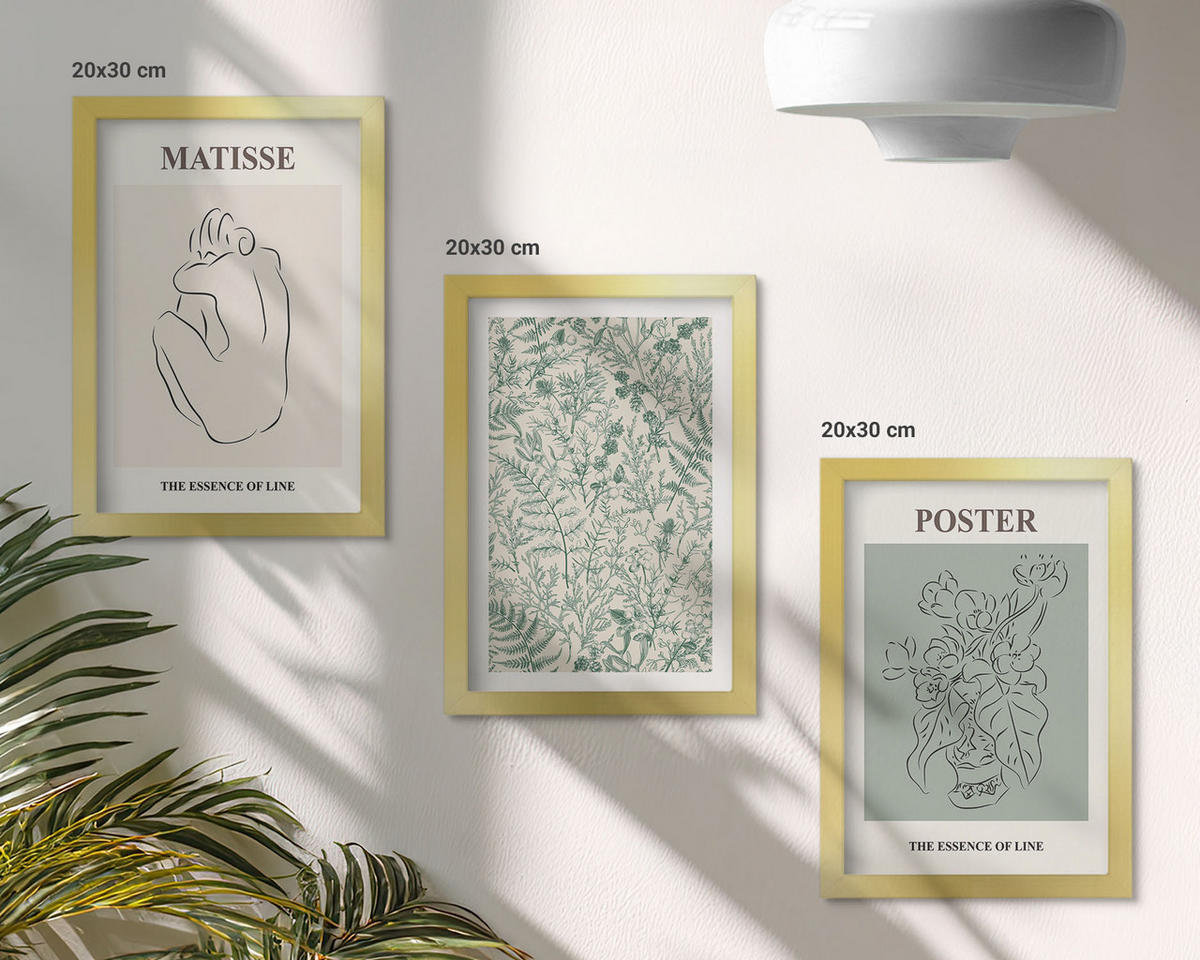 BILDER SET 3er Set - 20x30 cm Goldrahmen - Linien, Pflanzenmuster, Minimalismus - Goldfarben, Kunststoff (20/30cm) - TULUP