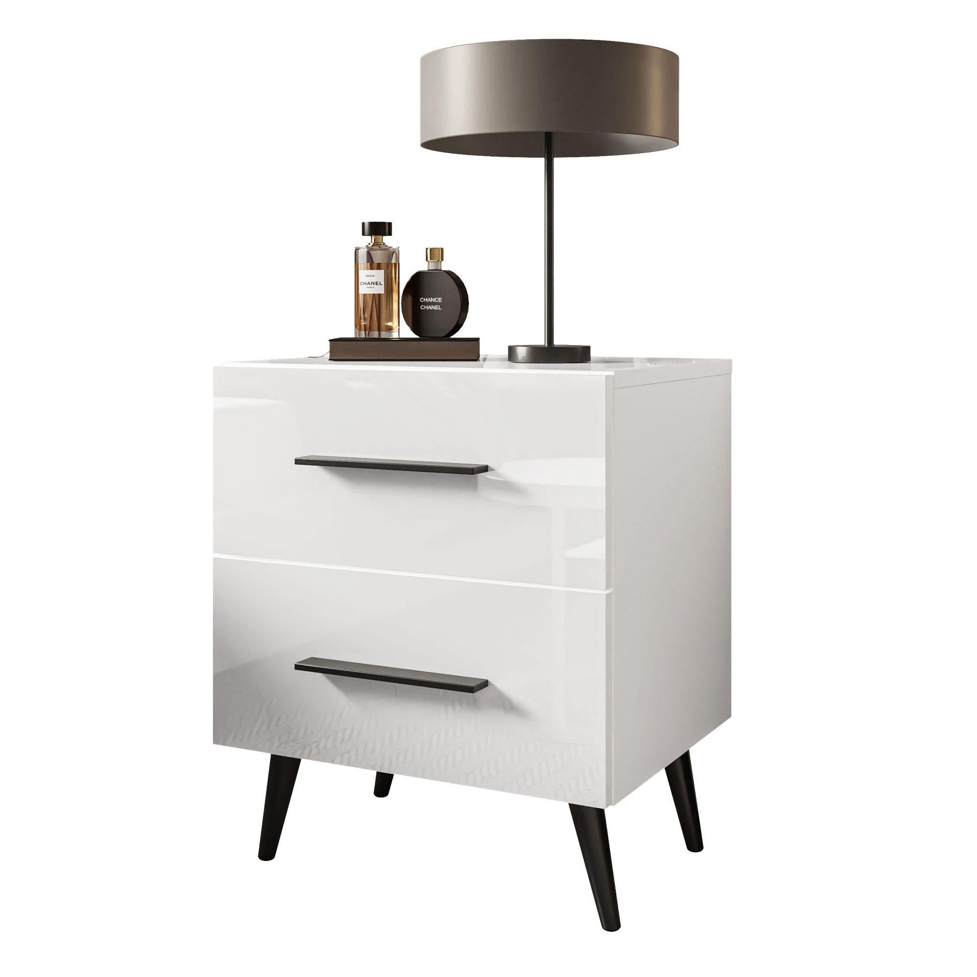 NACHTTISCH AURA LUX mit Hochglanzplatte auf Beinen – Beinfarbe: Schwarz - Schwarz/Weiß, Holzwerkstoff (45/55/39cm) - Lookway