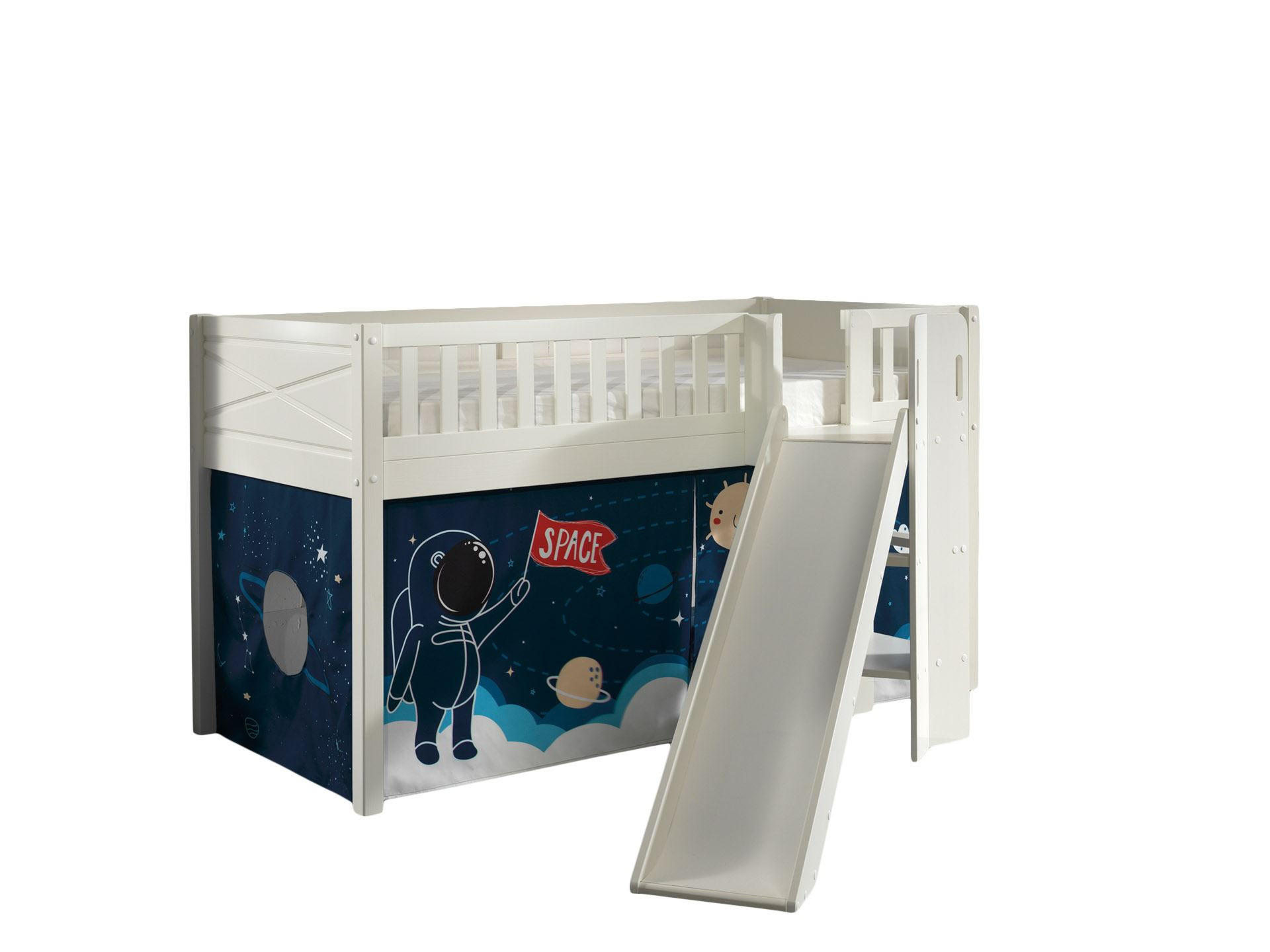 HOCHBETT mit Rutsche Karyl Massivholz Weiß Textilset Rakete - Türkis/Weiß, Holz (90/200cm) - 58aufmkessel