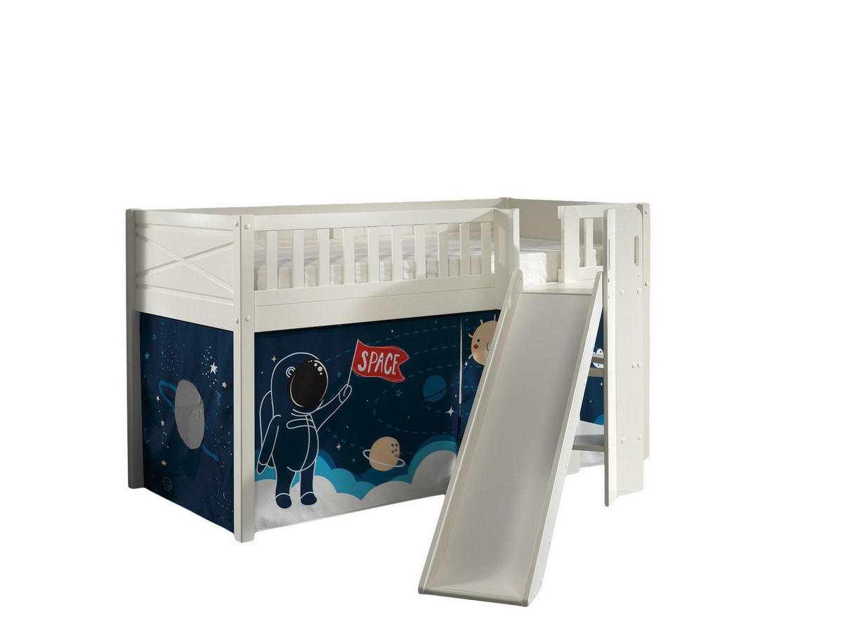 HOCHBETT mit Rutsche Karyl Massivholz Weiß Textilset Rakete - Türkis/Weiß, Holz (90/200cm) - 58aufmkessel