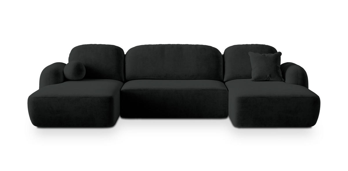 WOHNLANDSCHAFT SAVONA K Schwarz Plüsch-Stoff mit Schlaffunktion - Schwarz, Holz (320/90/148cm) - MASSENO