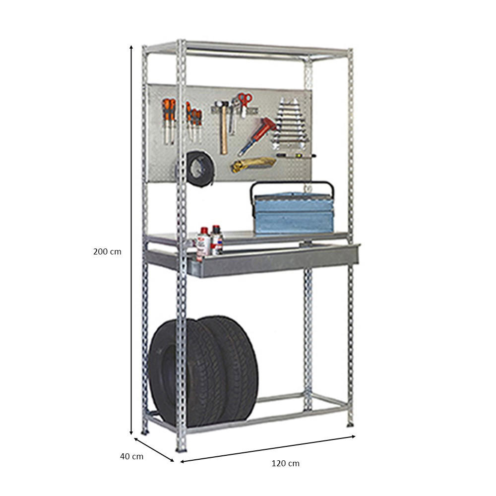 REIFENREGAL mit Arbeitsfläche und Schubfach Metal Shark NO.5 HxBxT 200 x 120 x 40 cm 6 Reifen Verzinkt - Silberfarben, Metall (120/200/40cm) - PROREGAL